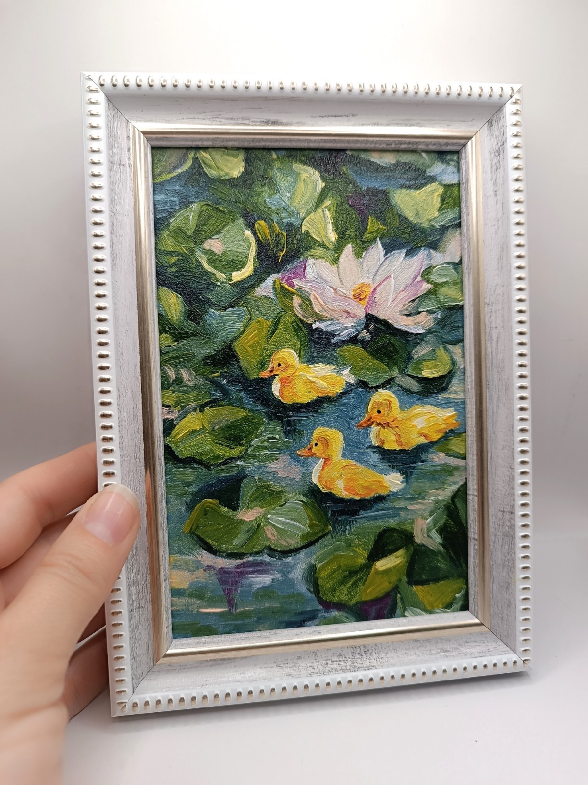 Cute Yellow Ducks Small Textured Painting Original Pond Lily Bathroom Decor