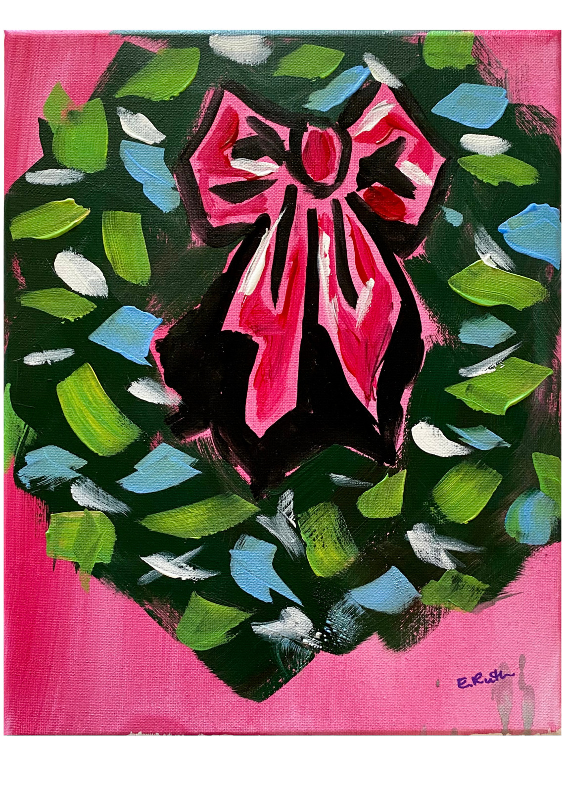 14X11 Acrylic Modern Abstract Christmas Wreath with Bow Painting on Canvas