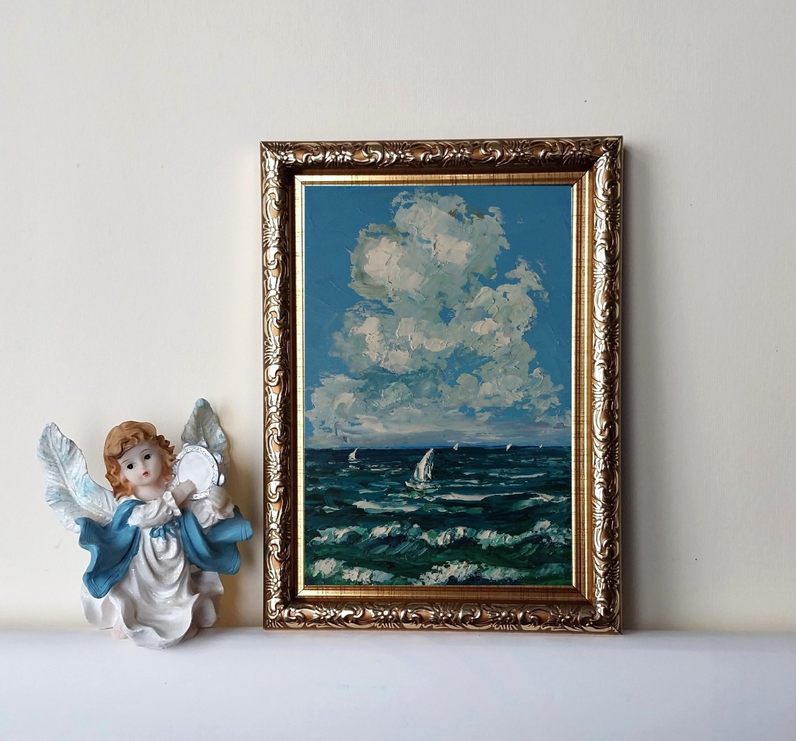 Framed Sailboats Art Cloudy Sky Seascape 4×6 inch Impasto Oil Painting Original