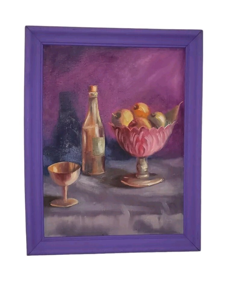 Vintage Oil Painting Still Life Fruit Wine Bottle & Goblet Signed