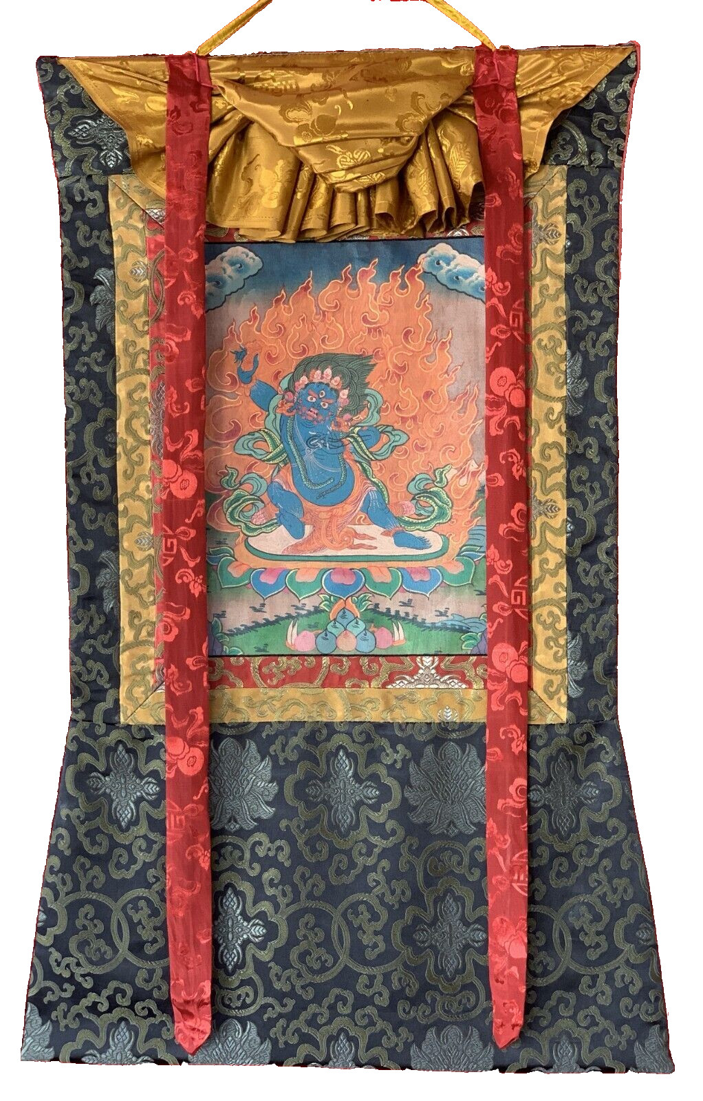 VAJRAPANI OLD OILED ORIGINAL TIBETAN THANGKA PAINTING WITH SILK BROCADE