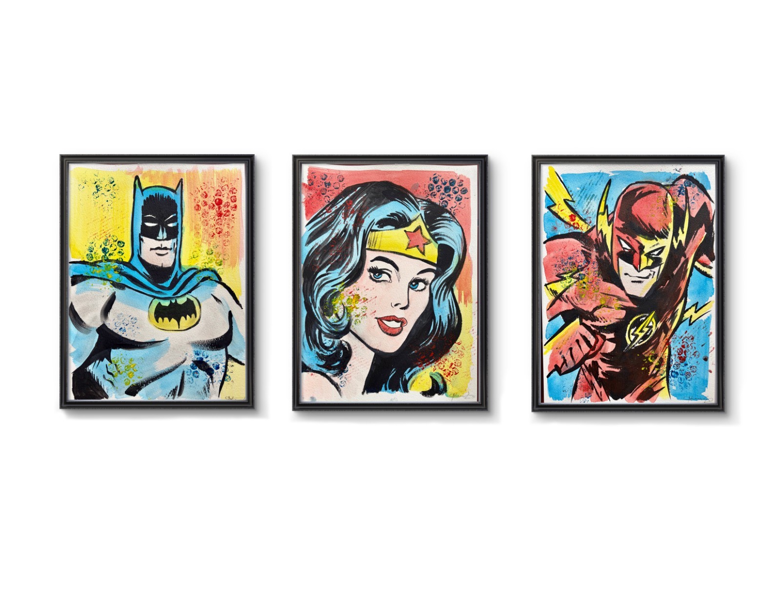 Original Batman Wonder Woman Flash Painting By Alannah Dyer- Acrylic 9×12 in.