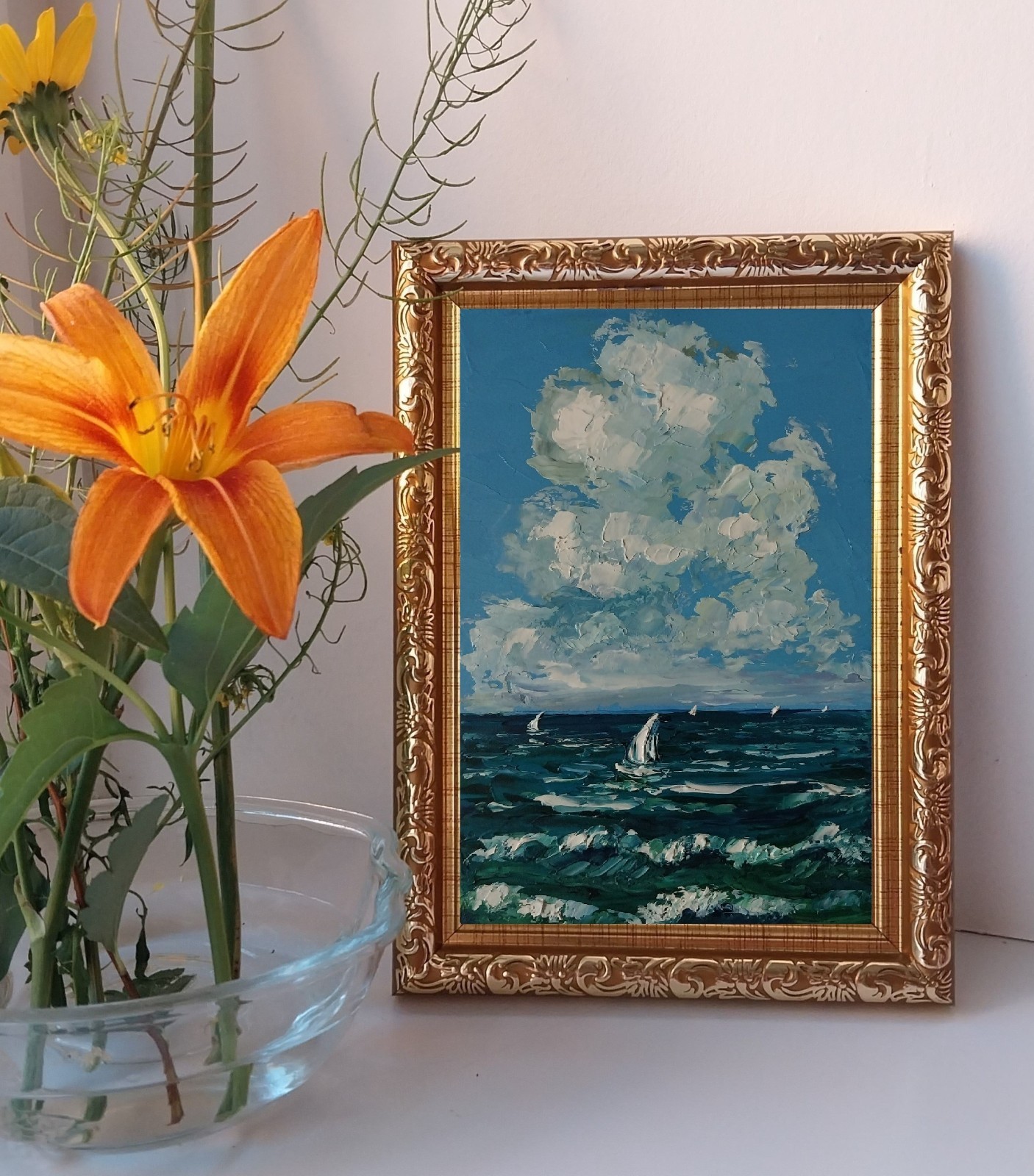Framed Sailboats Art Cloudy Sky Seascape 4×6 inch Impasto Oil Painting Original