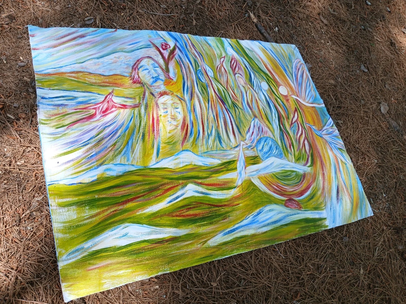 ☆ Psychedelic Folk Art Painting Beach Hawaiian Orchid Flower Canvas Wall Hanging