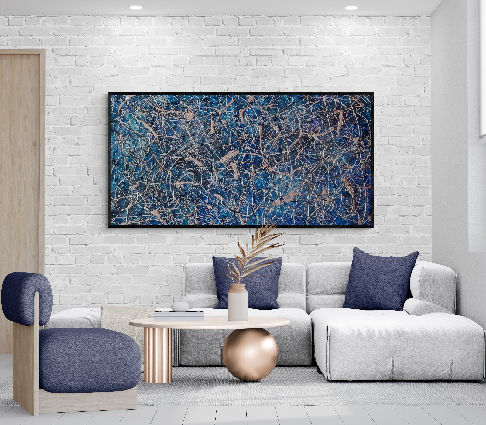 One-of-a-Kind Pollock Style Blue & Rose Gold Abstract Canvas – 59×30 in