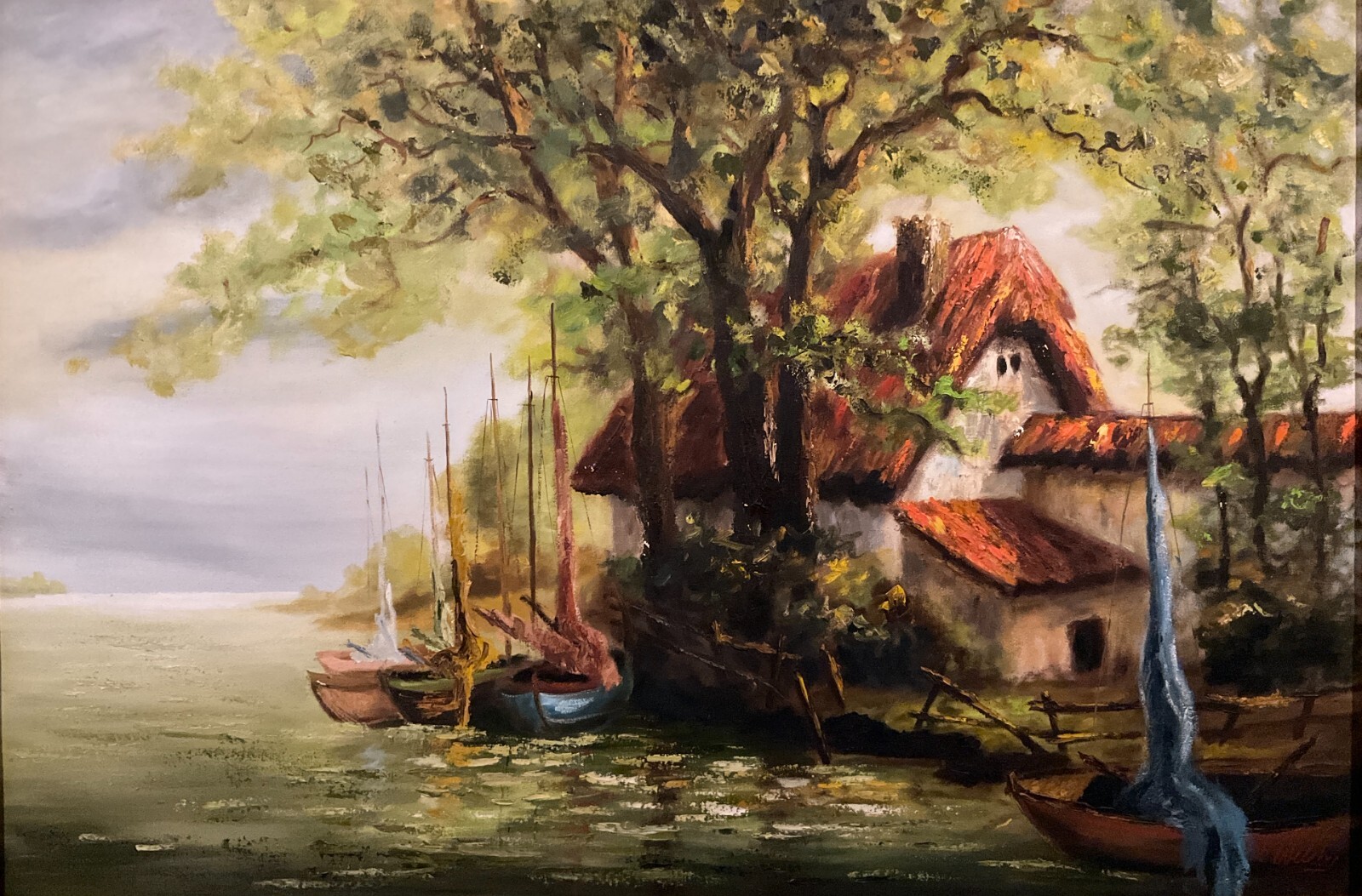 Vintage Framed Original Impressionist Landscape Oil on Canvas “Village Port”