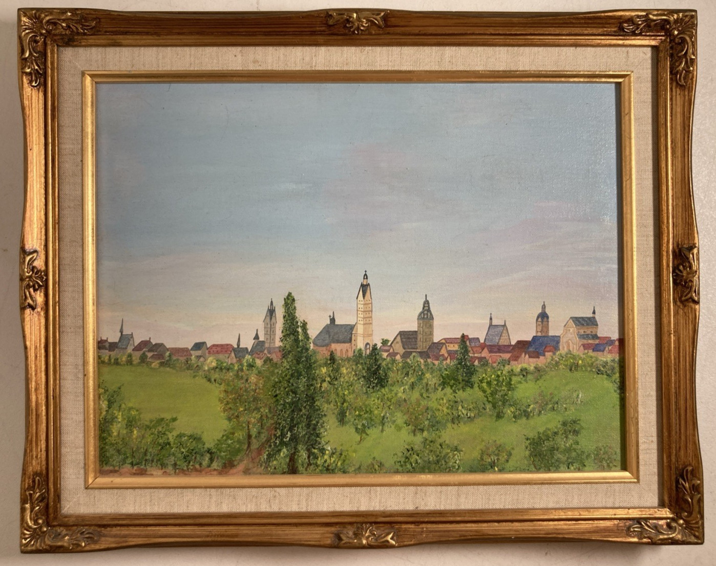 Vintage Original Oil Painting Landscape Cityscape Trees Woods Houses Church
