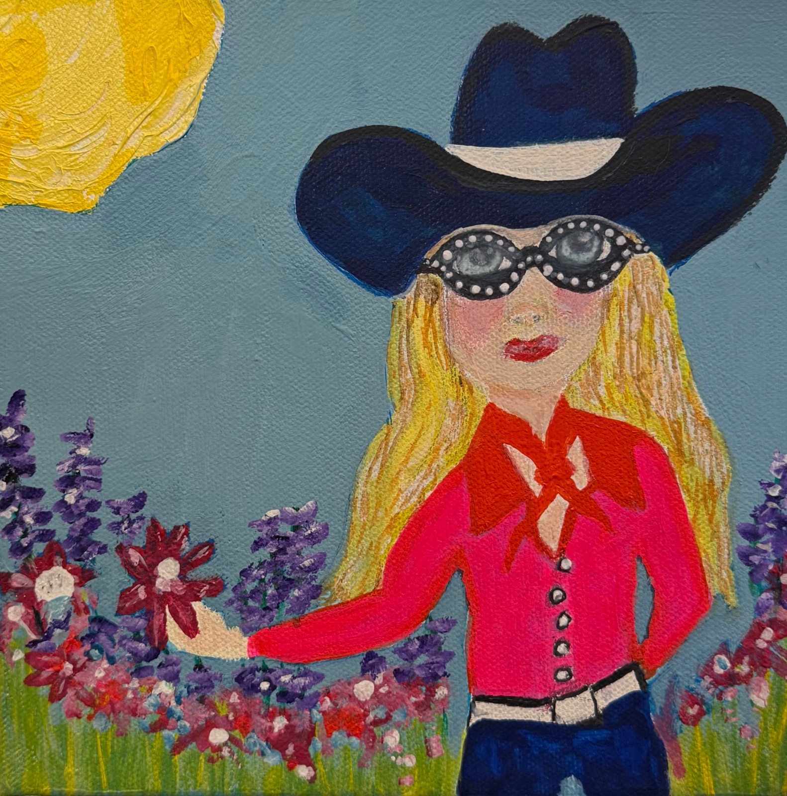 Hand Painted Whimsical Folk-Art Wildflower Cowgirl signed 8 x 8 gallery wrapped