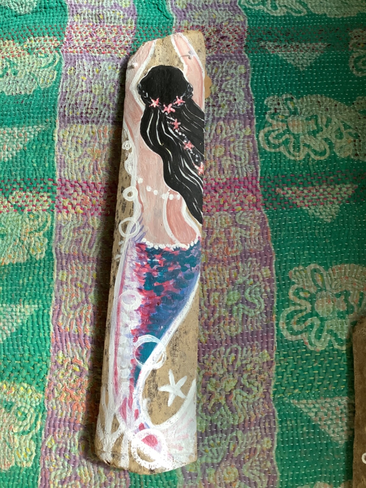 Beautiful dark hair mermaid With blue Tail Hand painted on driftwood wall Decor