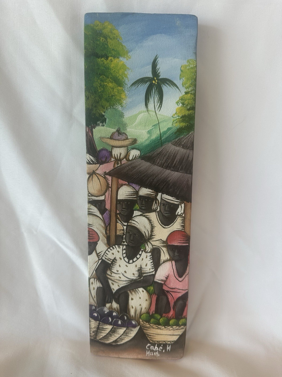 Original Painting Haitian Market 12×3.5 Inches, Canvas, Signed