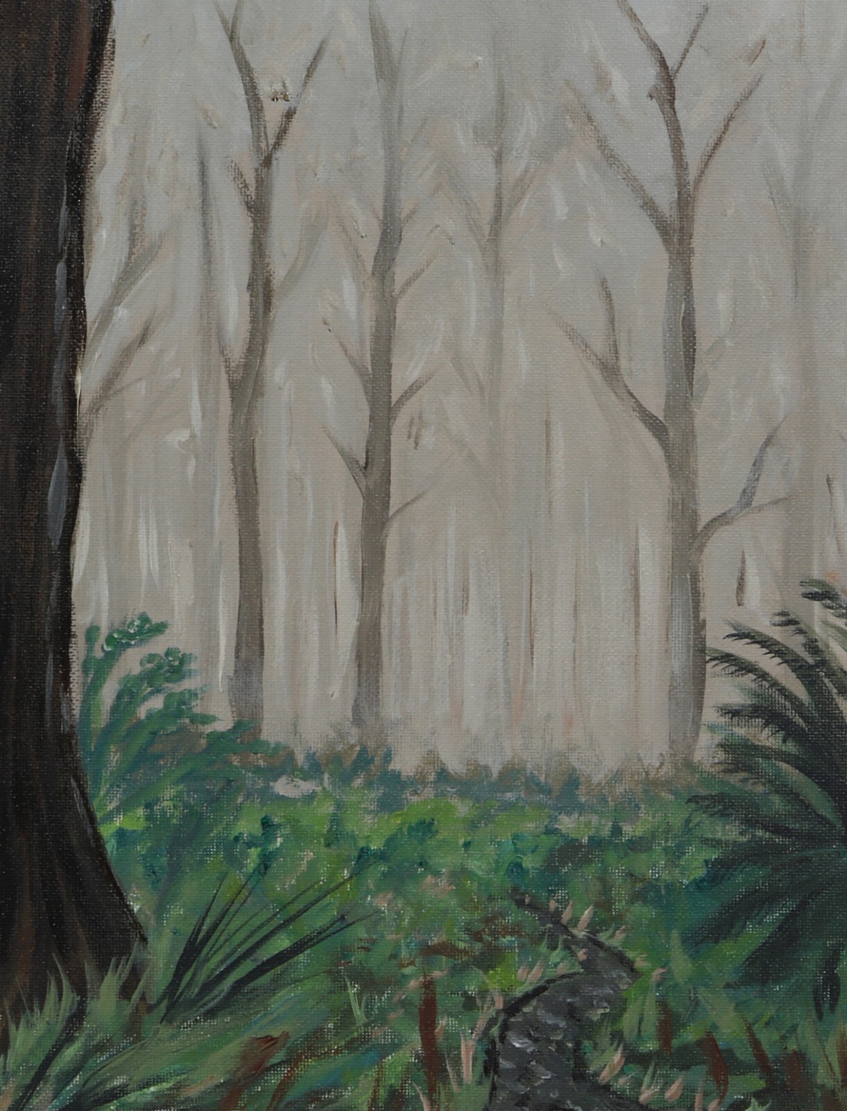 ShawNshawN Original painting – 9×12 enchanted forest trees mystery foggy tan