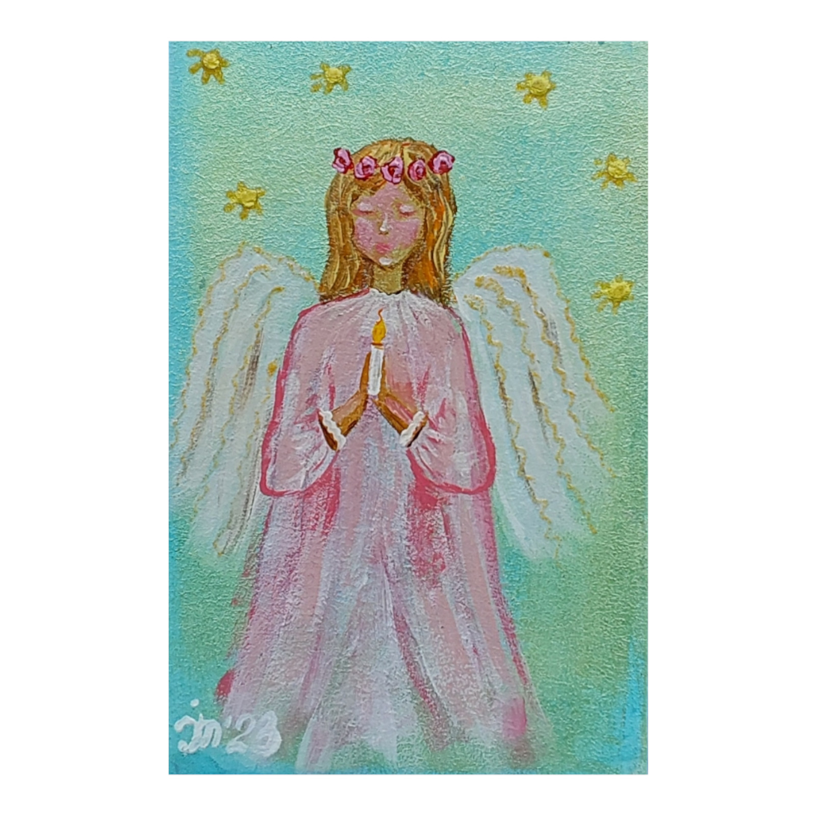 Angel a Guardian & a Candle Original Painting Angel Wings Handmade Wall Art 6×4