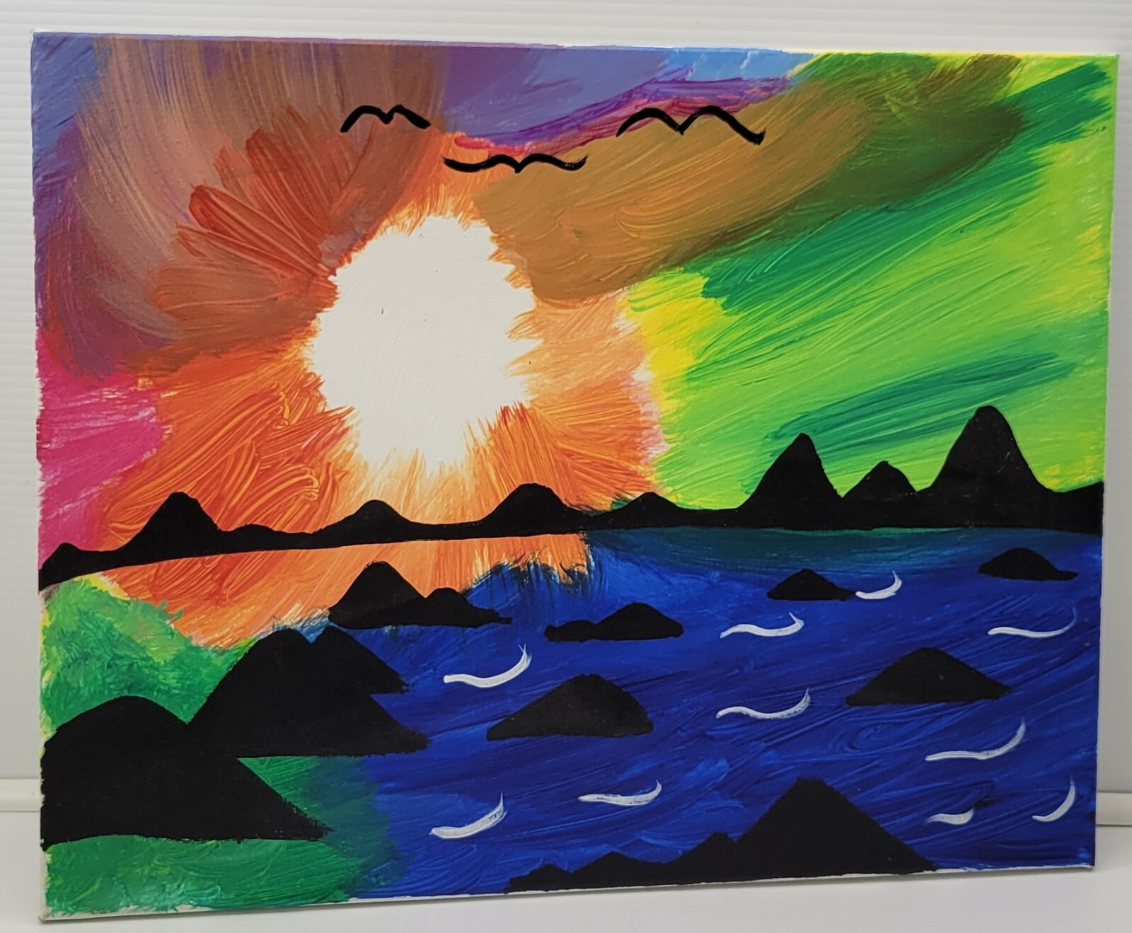 Beach Ocean Sunset Sky Stretched Canvas Painting Art 20 x 16″