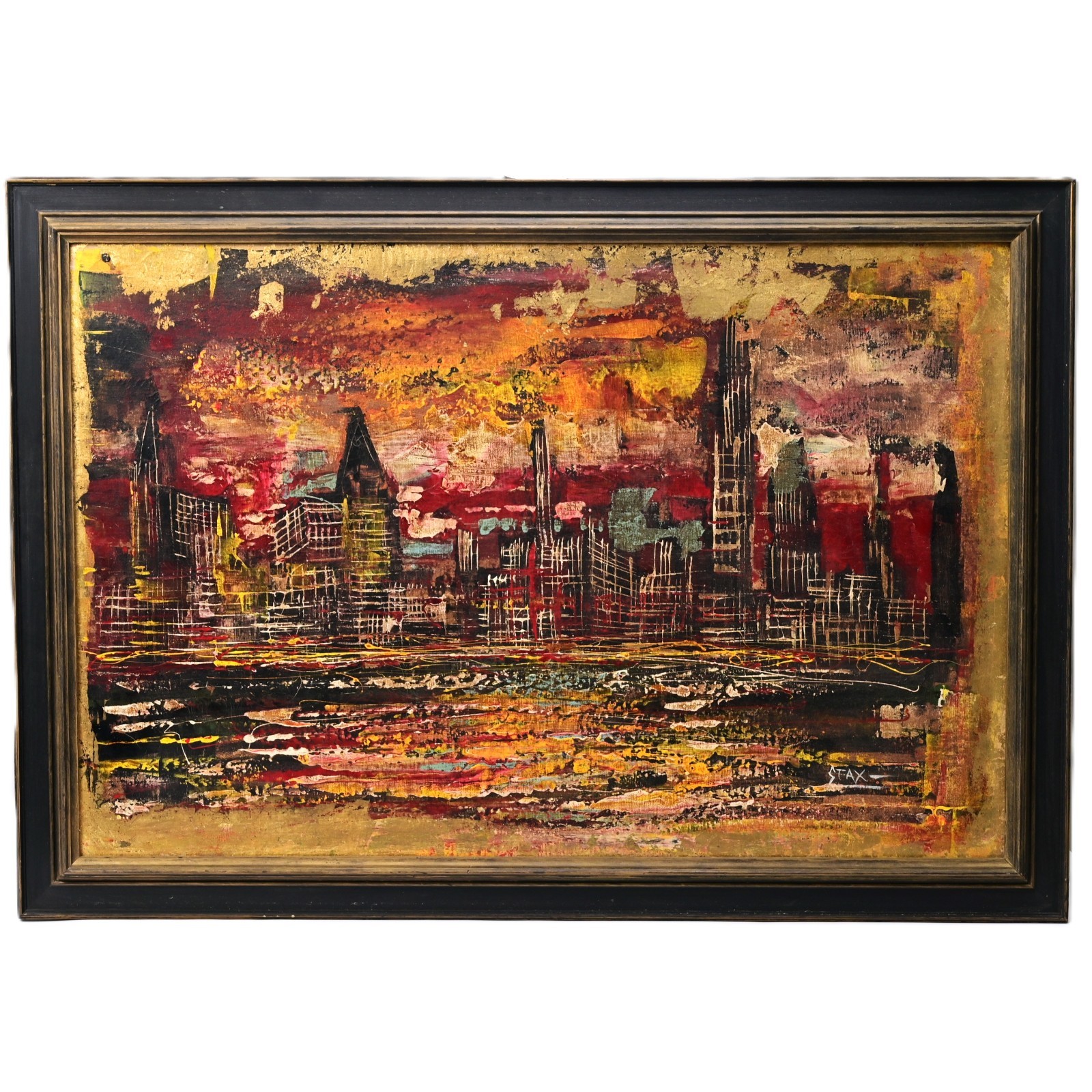 SFAX Original Vintage Signed Cityscape Skyline Landscape Oil on Canvas Painting
