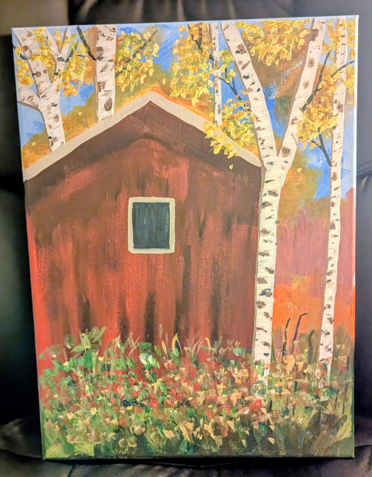 Original Acrylic Canvas Painting 12×16 , ” Harvest Hideaway” , Barn, Autumn