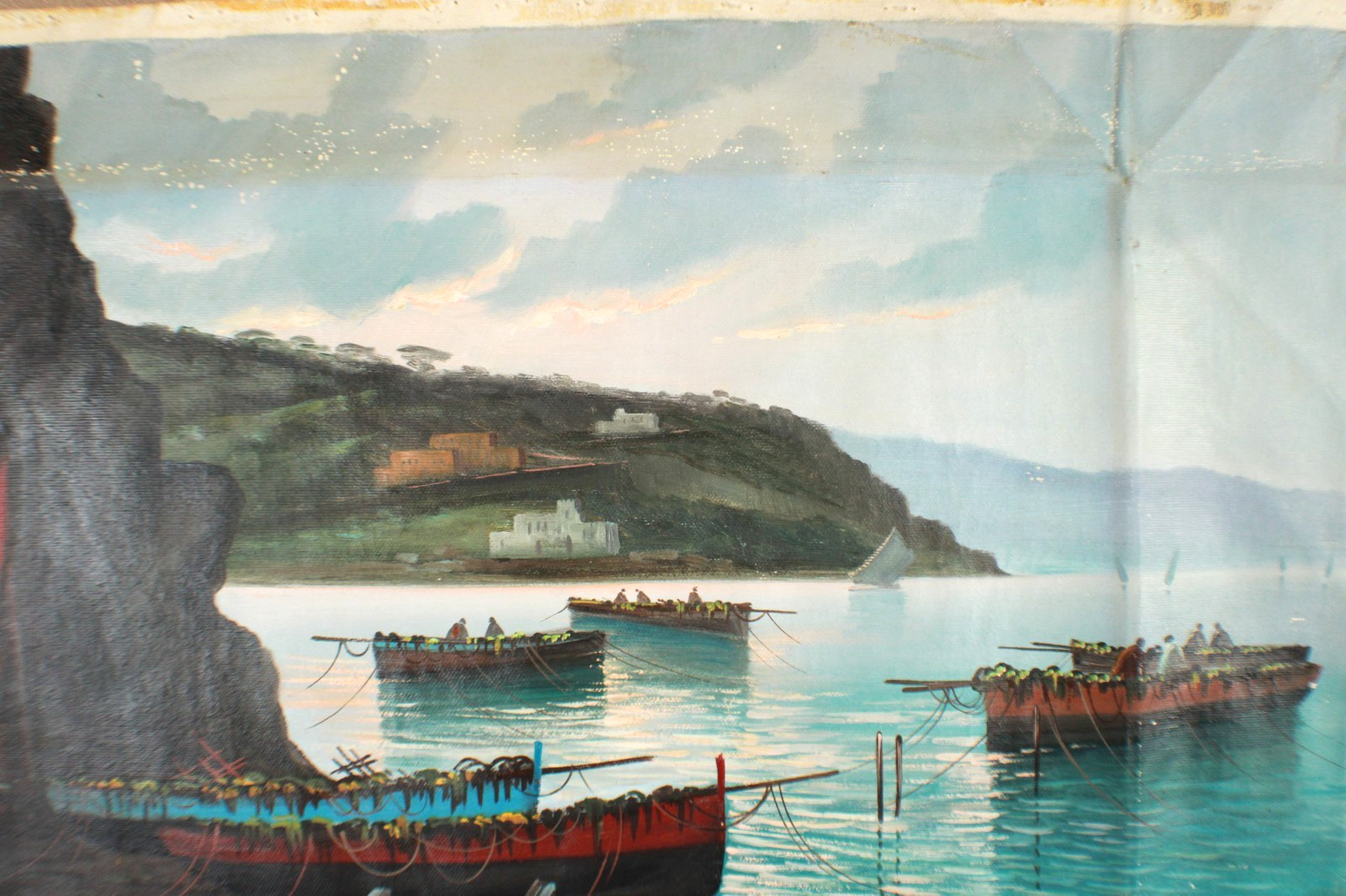 Antique Seascape With Boats And Mountains Scene Oil Painting Singed G. Levre