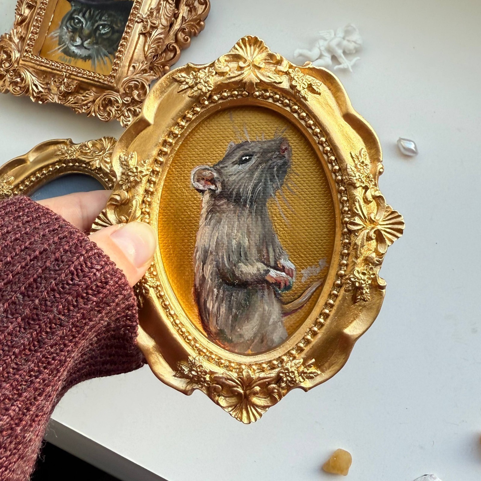 tiny oil painting original rat gold framed antique dark academia Victorian small