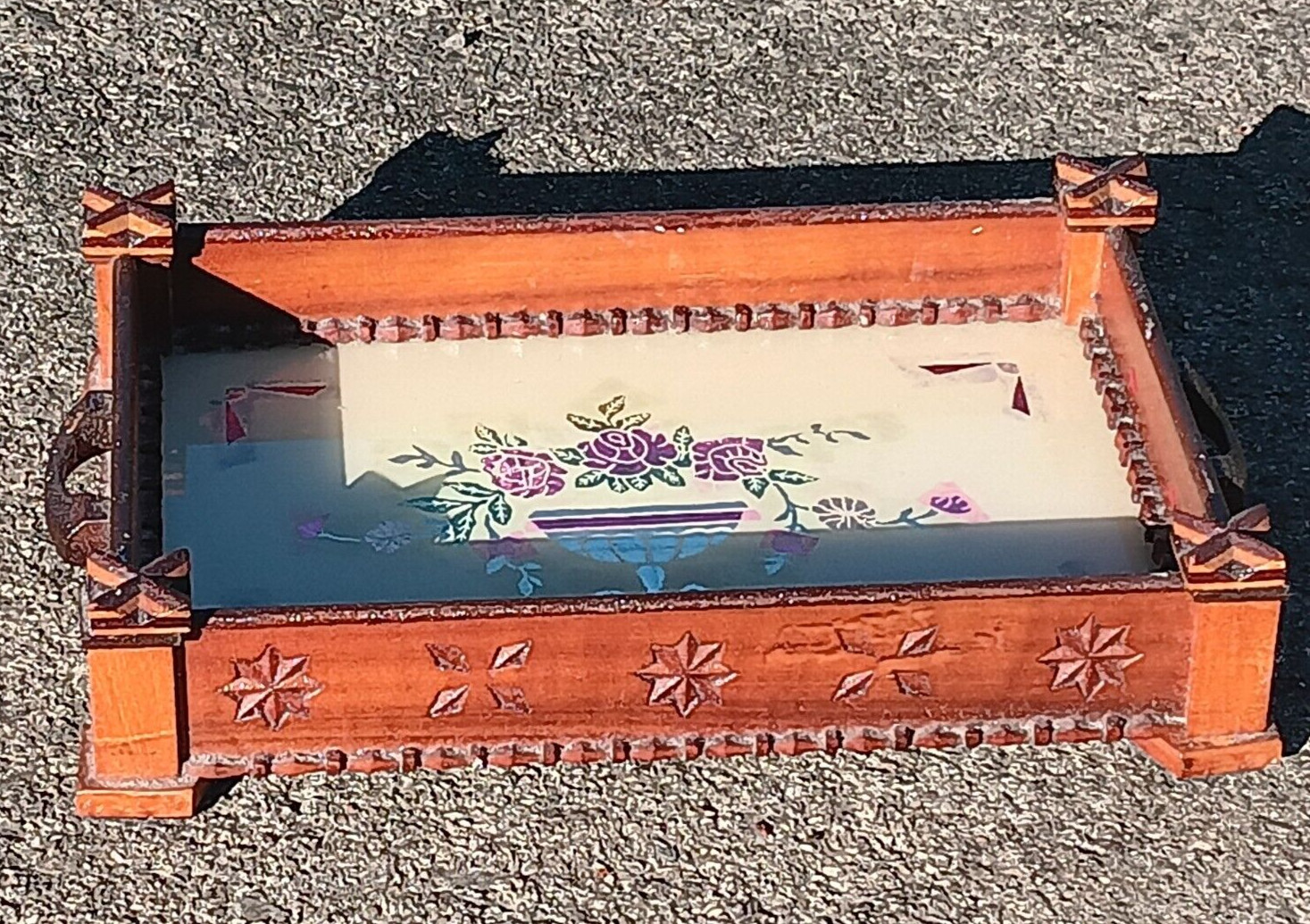 Folk Art / Tramp Art Wooden & Glass Tray w/ Painted Floral & Urn Foil