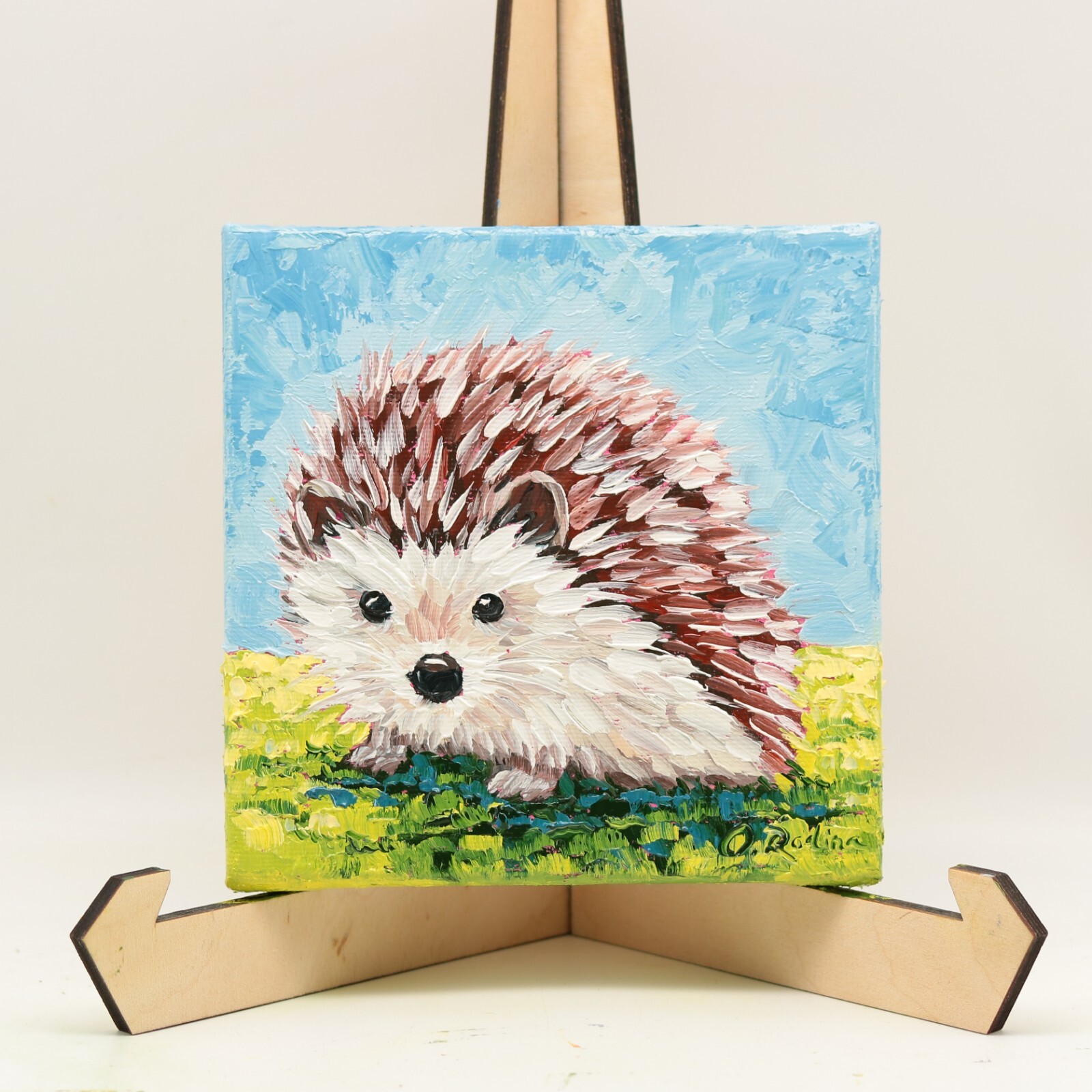 Hedgehog Oil Painting Original Small on Canvas Woodland Animal Art Nursery Kids