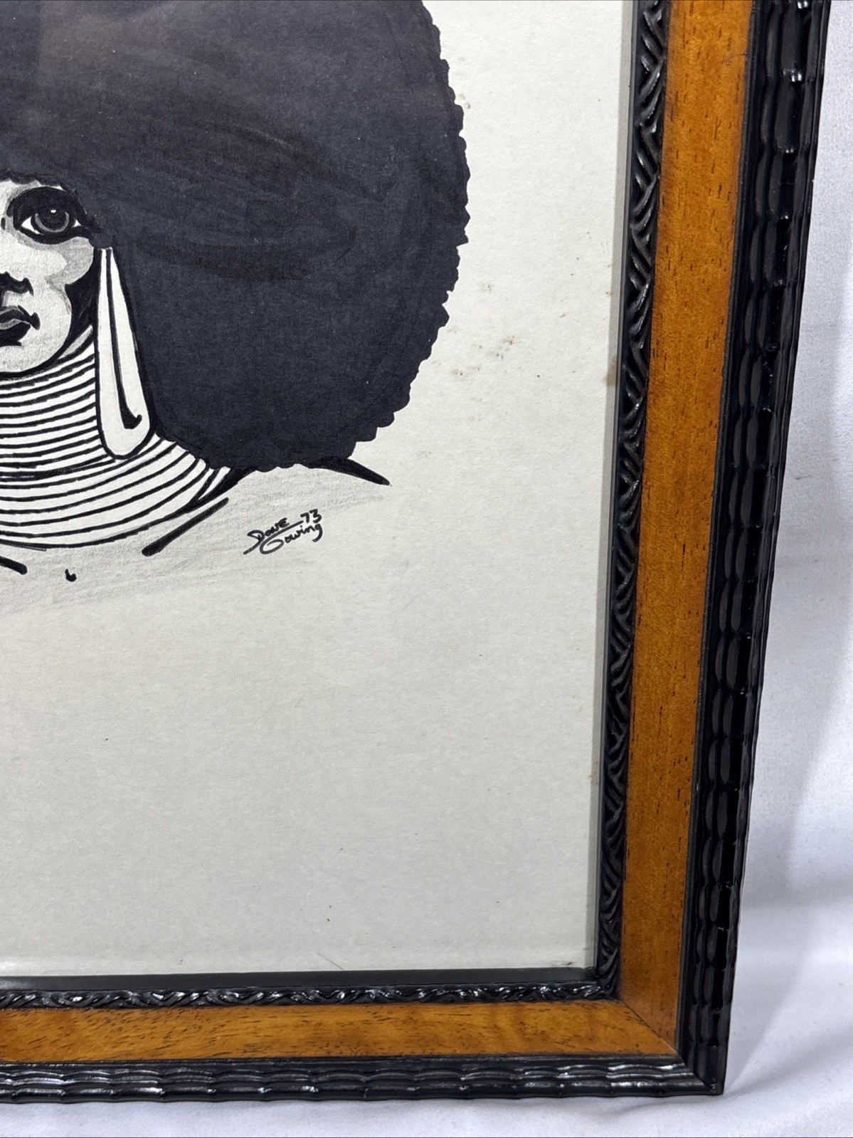 Vintage Original 1973 Ink Portrait African American Woman w/ Large Afro Signed