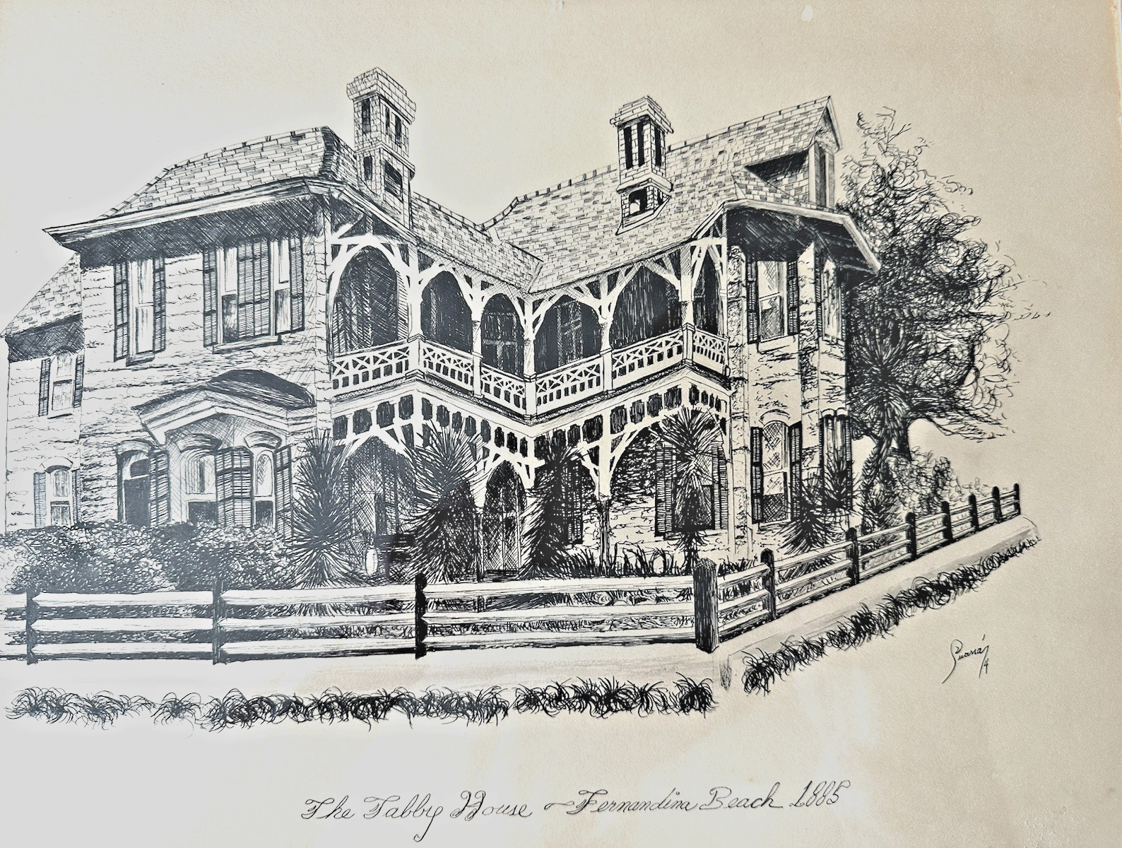 1885 ANTIQUE PAINTING of the HISTORIC “Tabby House”, Fernandina Beach, FLORIDA
