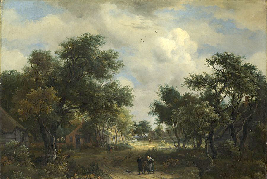 Oil painting Meindert Hobbema – A Road winding past Cottages nice landscape art
