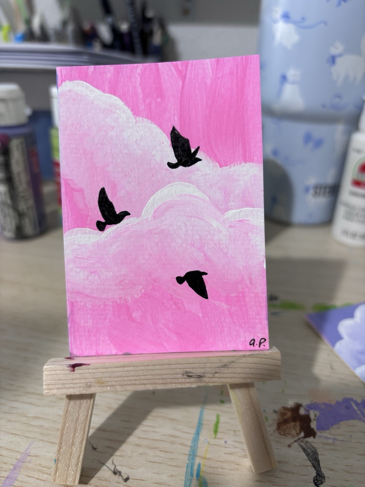 ACEO Original Art, Cloudy Sky With Birds, Acrylic Painting