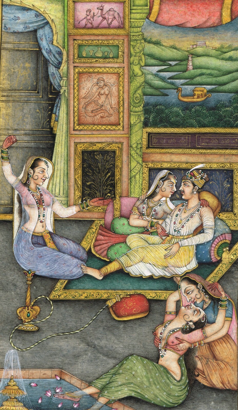 Indian Harem Art Painting A Mughal King With Women In Love Scene 11.25×8 Inches
