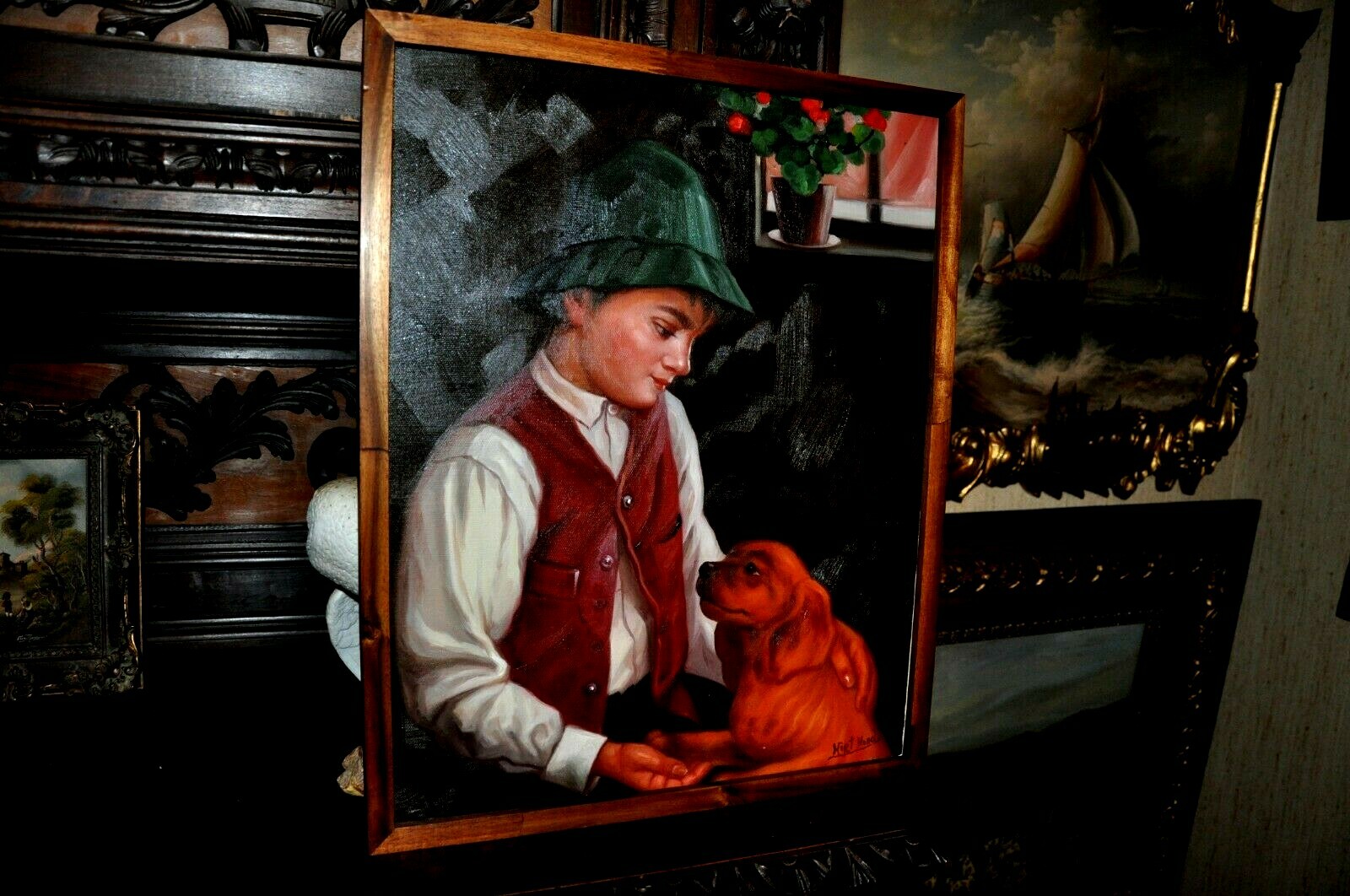 Wonderful Lad with Dog Painting 17 x 21 inches with Frame