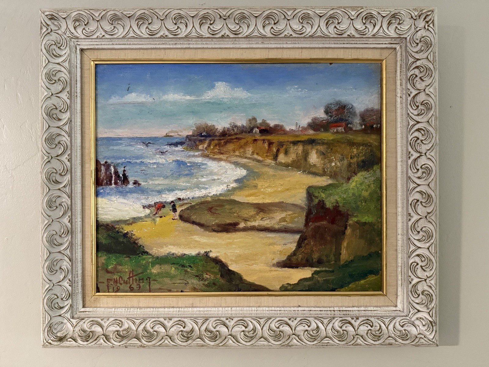 Large Original Oil On Canvas Painting Of Coast Beach Children Playing Fine Art