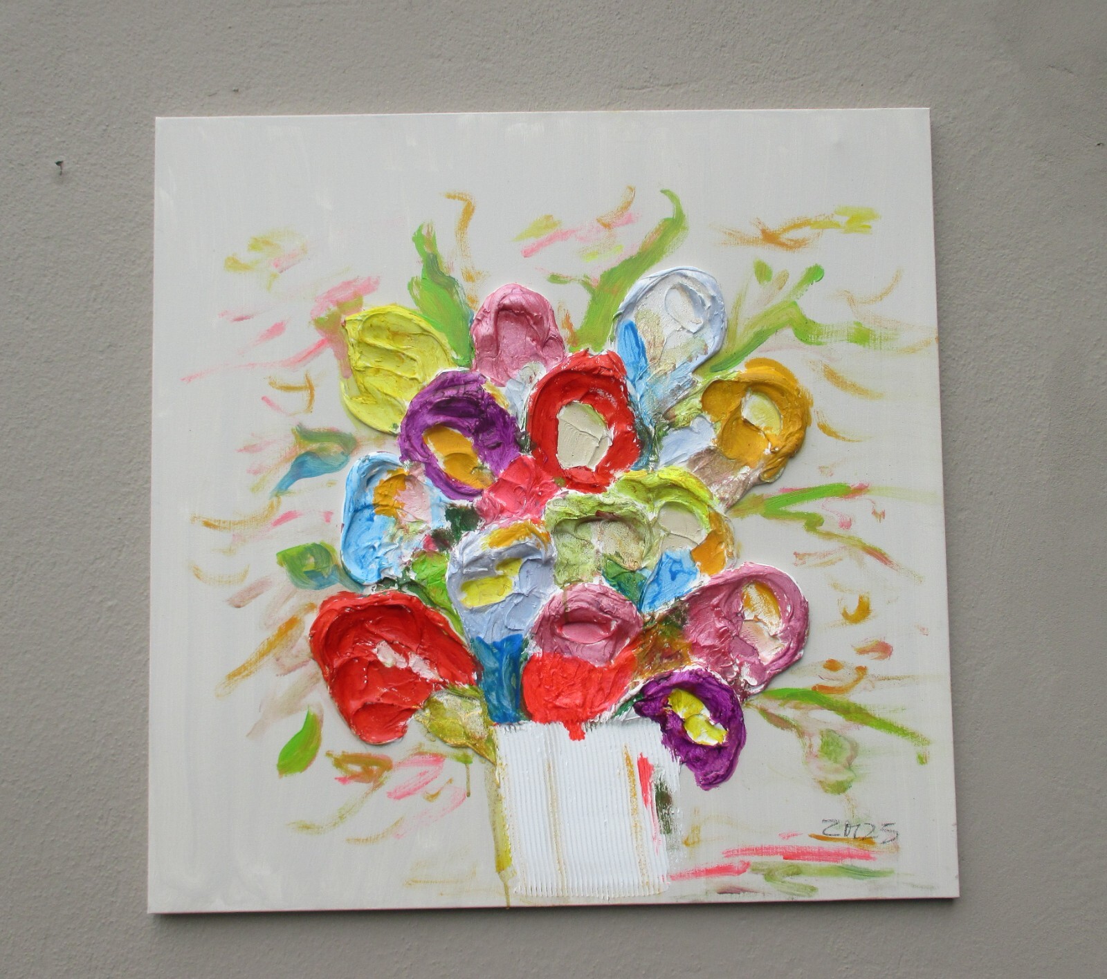 Flower picture 3D plaster plastic colorful acrylic 80×80 cm wall object decorative picture filled