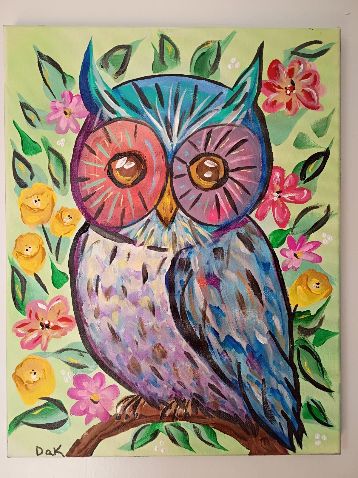 Floral Owl 11×14 Canvas Original Art Expressionism Abstract Night Bird For Kids