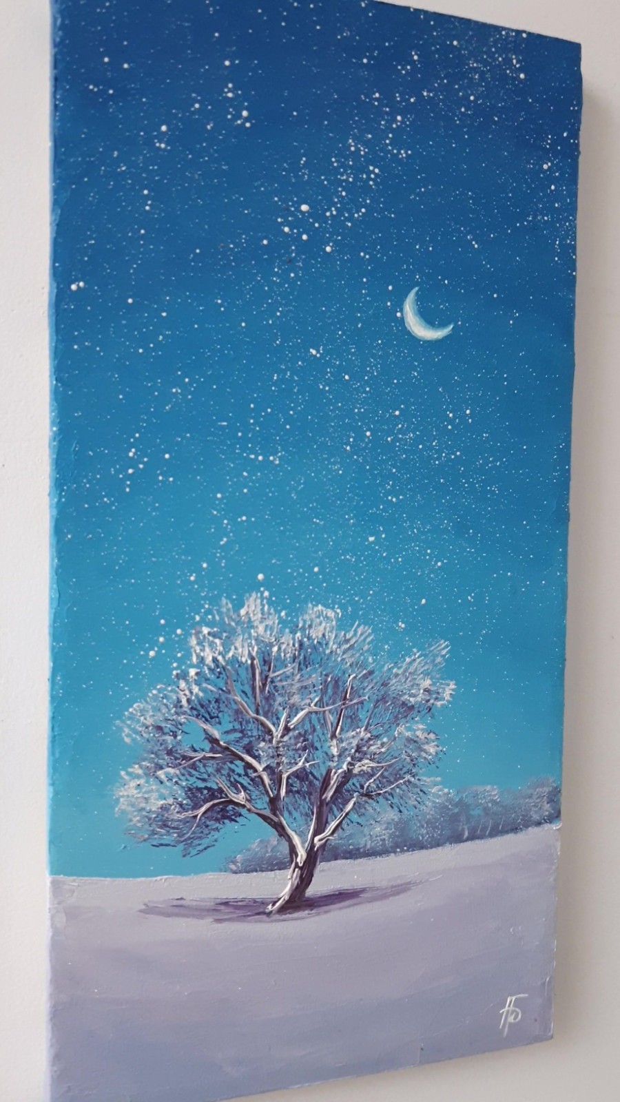 Original Oil Winter Night Painting Snow Tree Starry Sky Moon Landscape Wall Art