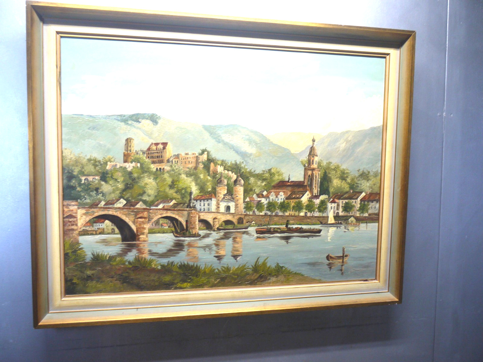 1960 German Landscape Heidelberg Bridge CASTLE Oil PAINTING Signed Kretschmar ?