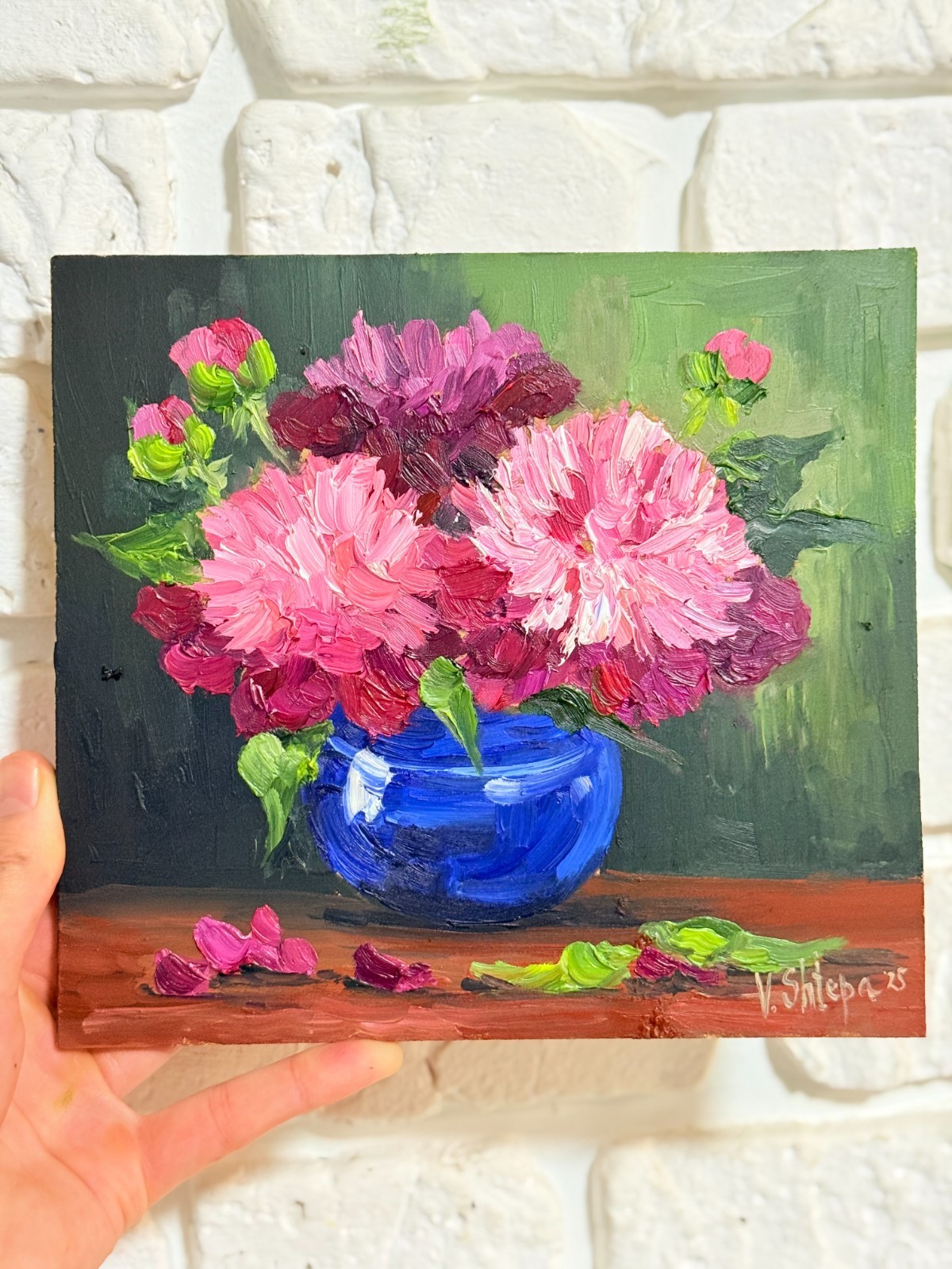 Original Oil Painting Pink Peonies Flowers Still life Vintage Vase Art 8×7.5 in