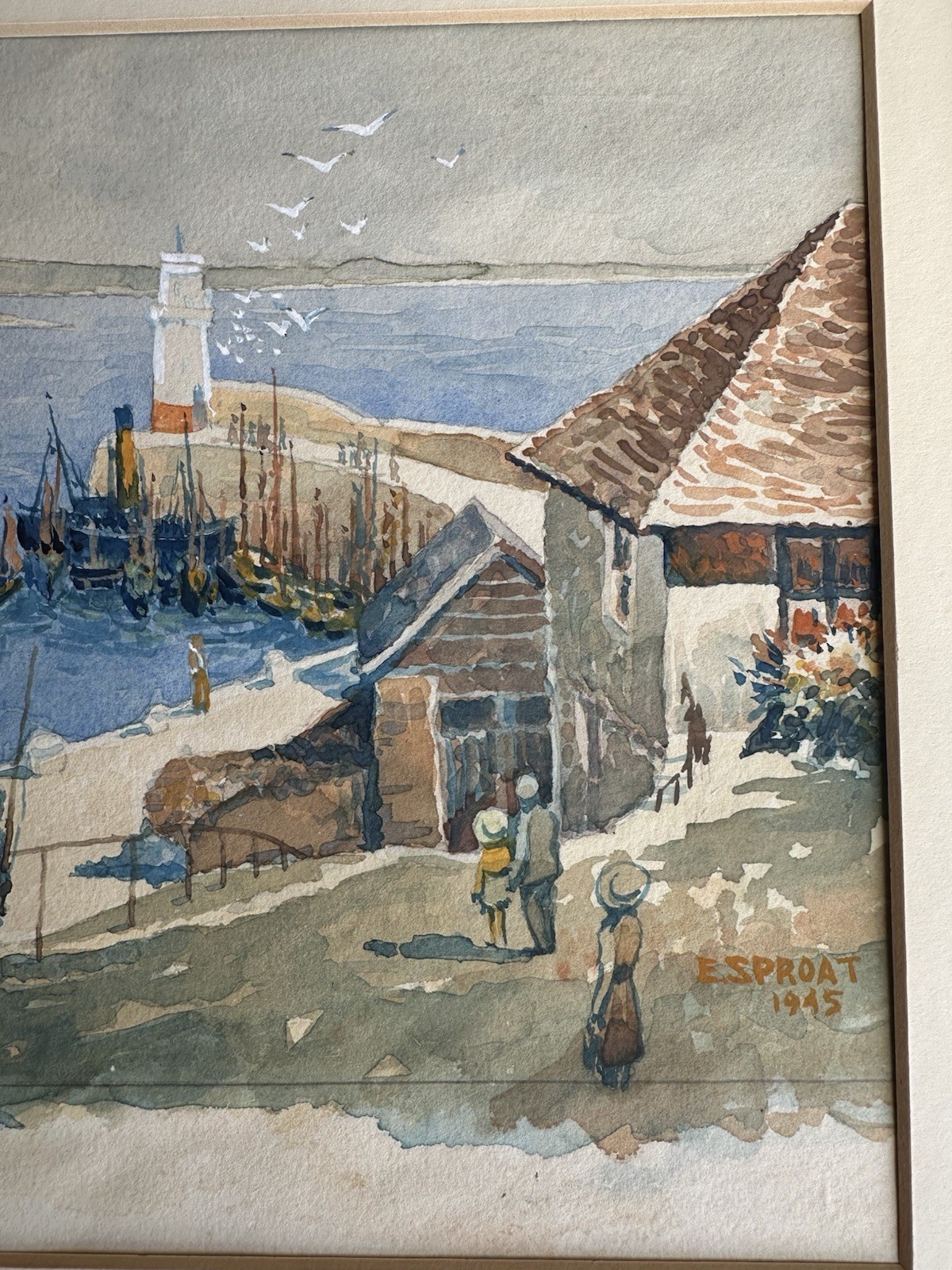 1945 E. Sproat “Penzance from Newlyn Harbour” Watercolor Painting Fishing Boats