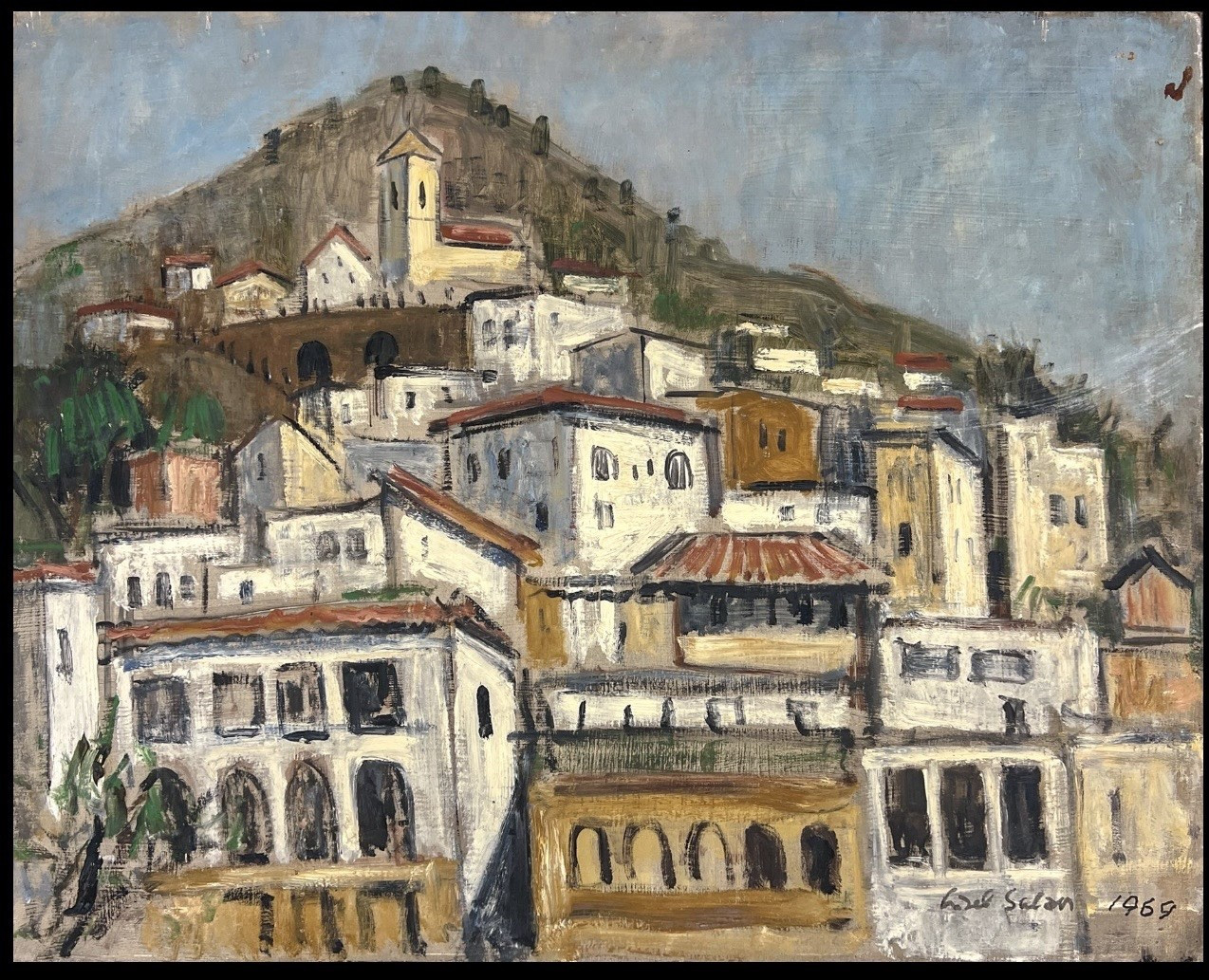 Lisel Salzer (1906-2005) “Mediterranean Village” Signed oil on board 1969