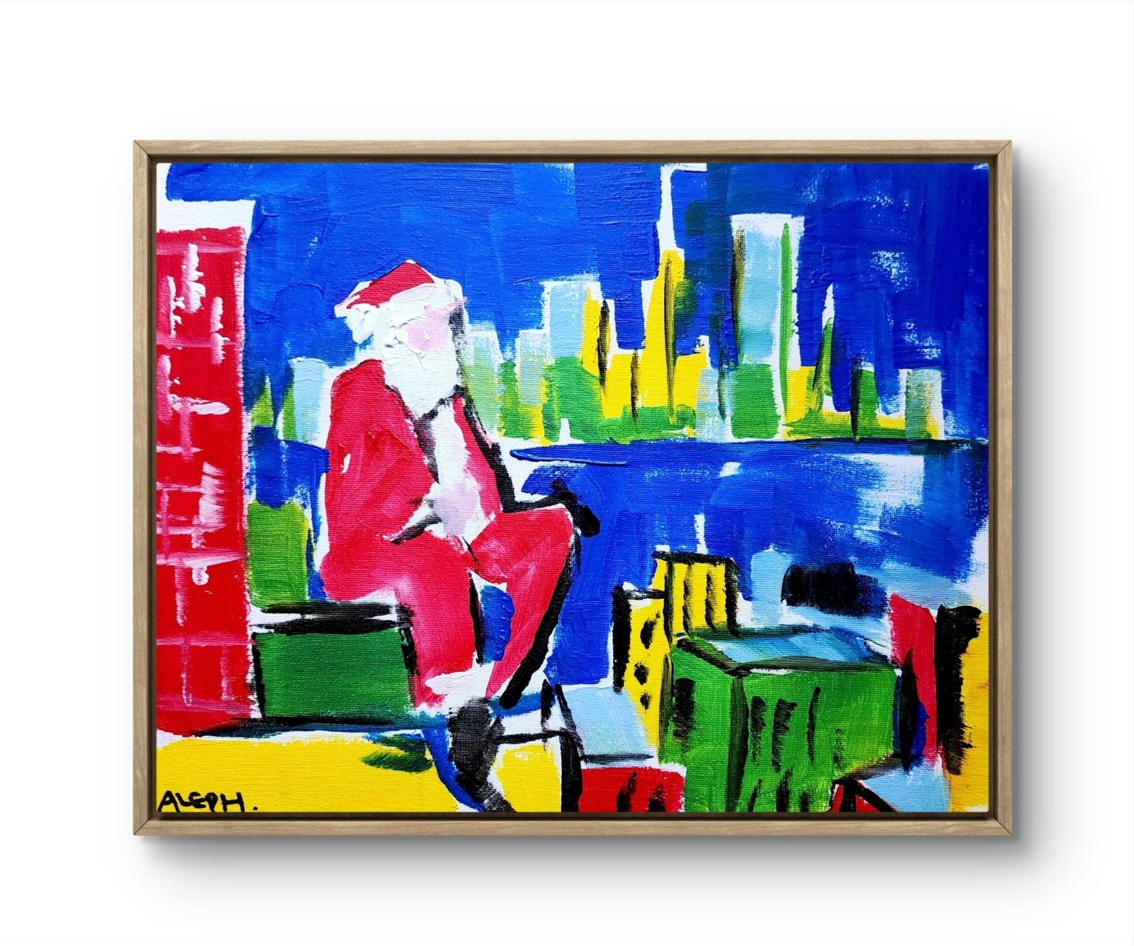 Aleph Original Art 14×11 Abstract Expressionist Santa Painting on Canvas