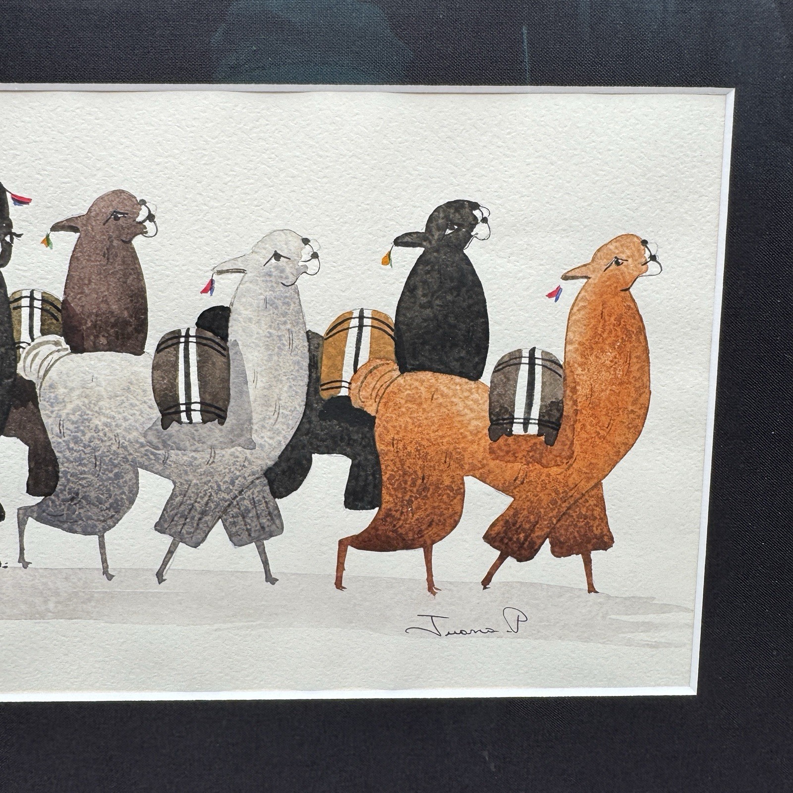 Pair Signed Peruvian Alpaca Llama Watercolors Folk Art Framed Andean Animals