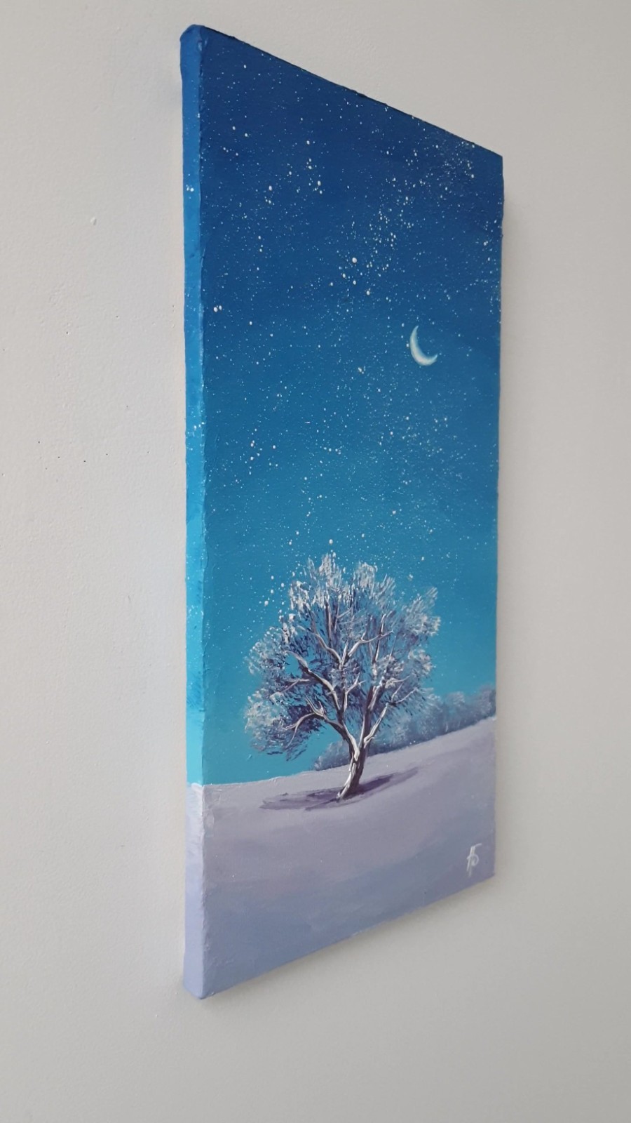 Original Oil Winter Night Painting Snow Tree Starry Sky Moon Landscape Wall Art