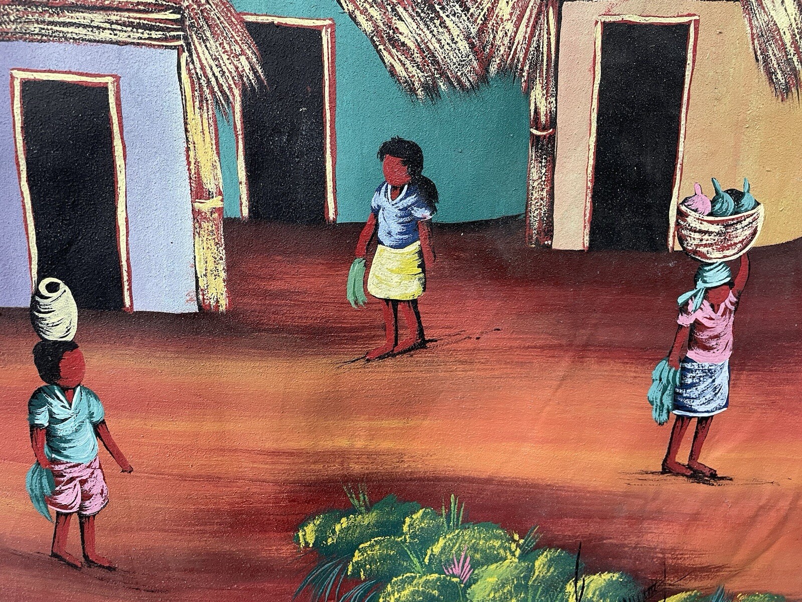 Original Haitian oil hand painting 40inx21in haitian village people working