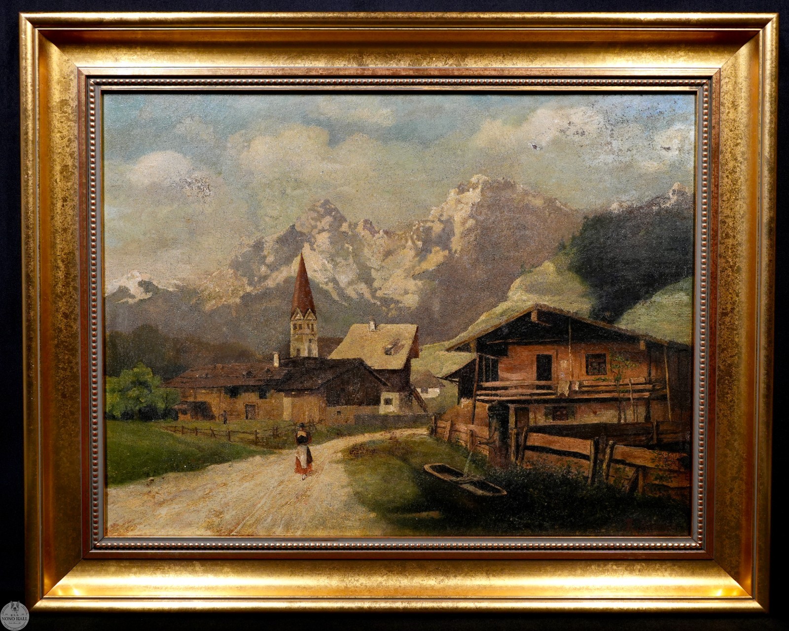 Antique 19th C. Original Landscape Oil on Canvas “Alpine Village” By R. Albrecht