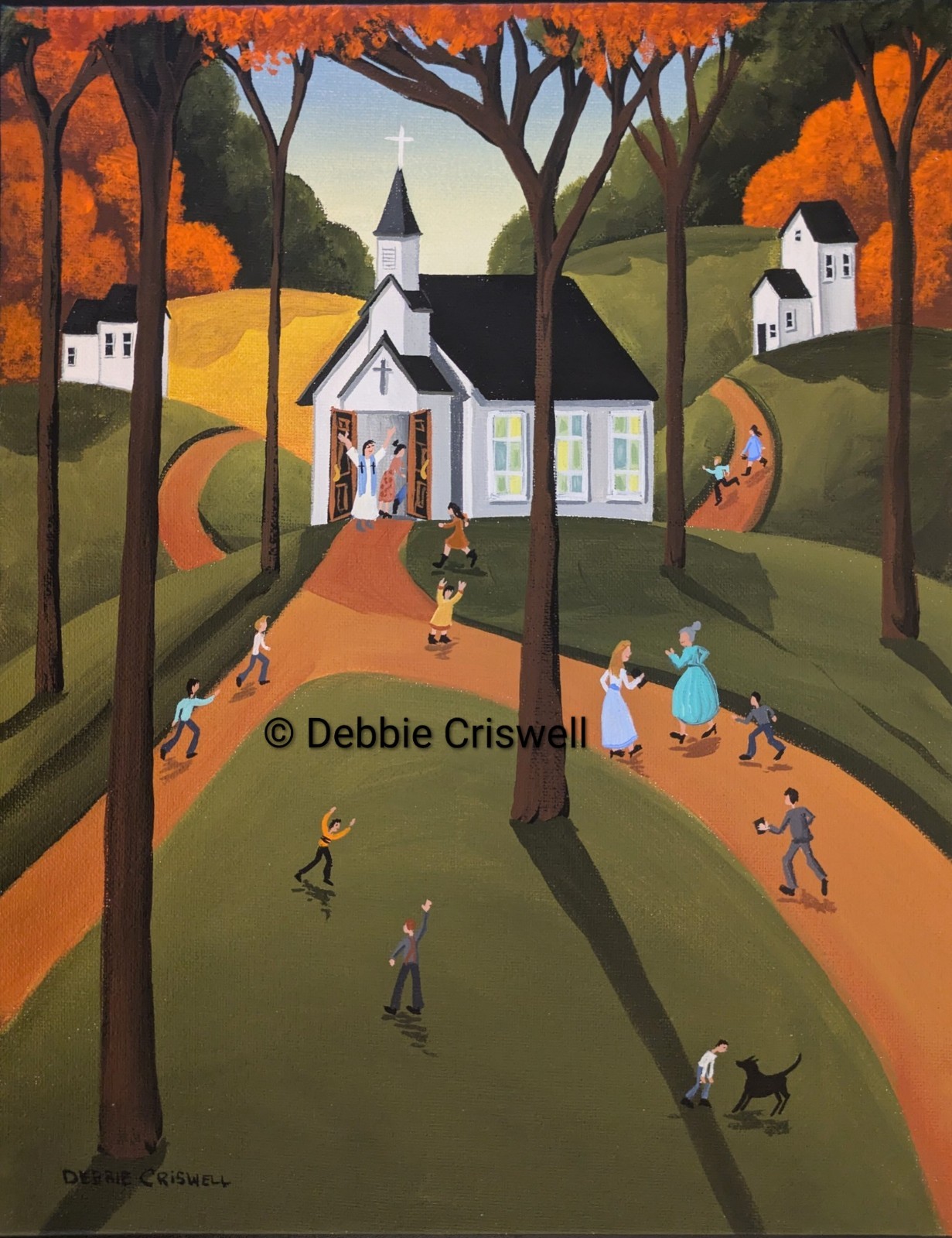 ORIGINAL PAINTING Folk Art Landscape Church Country Religious Christian Jesus