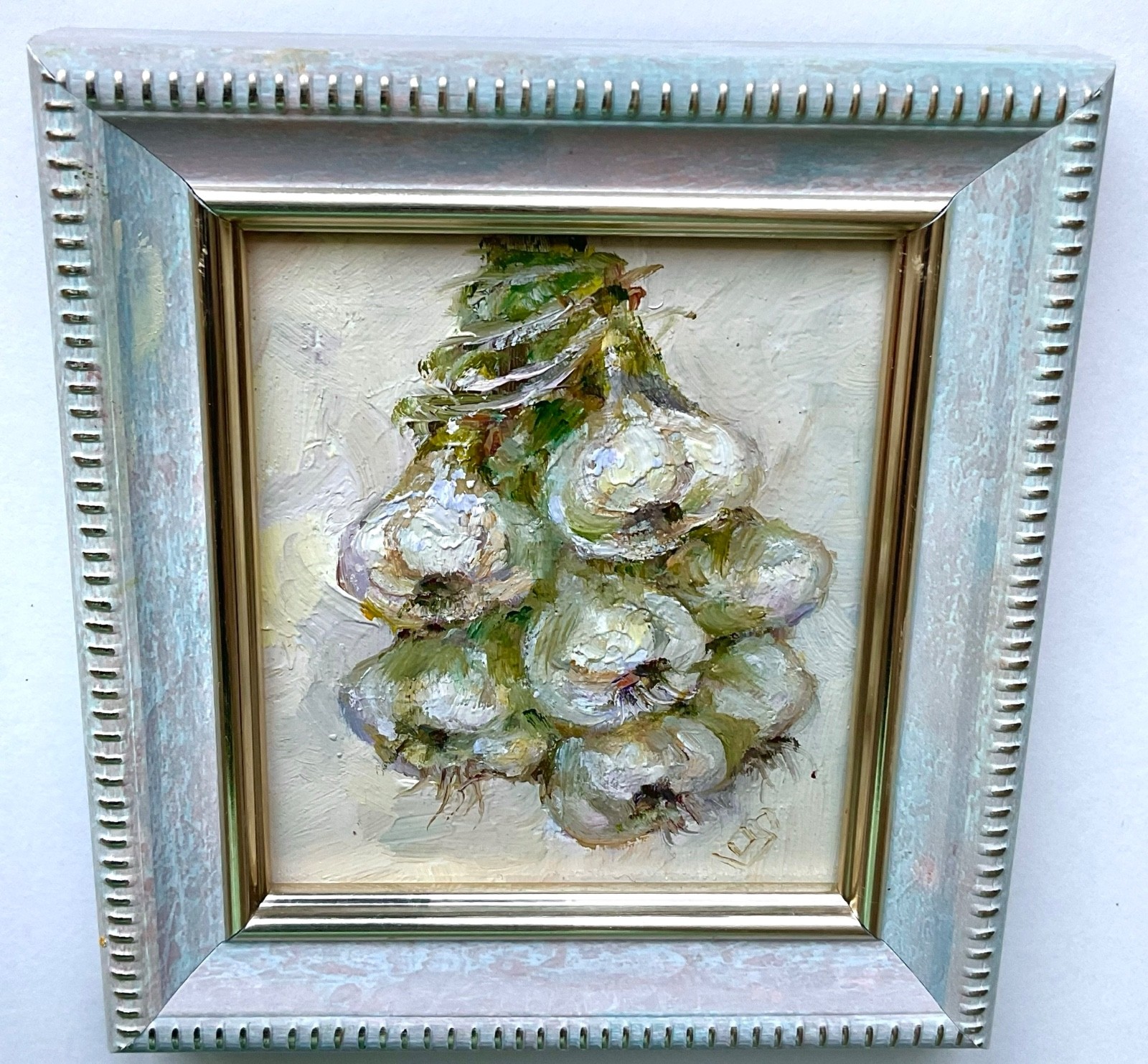 Original Oil Painting Garlic Still Life Impasto Mini Art 3×2.5 in Signed OS