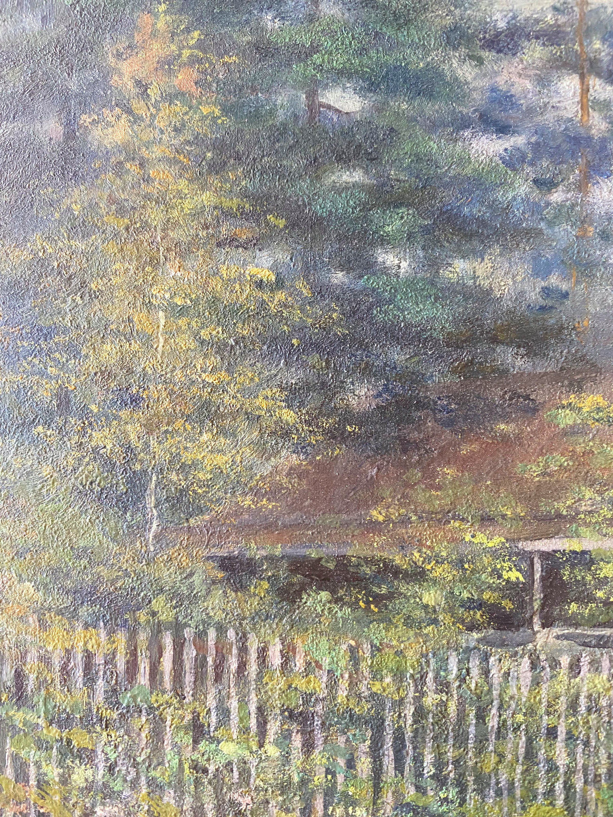 Oil Painting Home Between Trees Hut IN The Forest With Fence Pine Forest Detail
