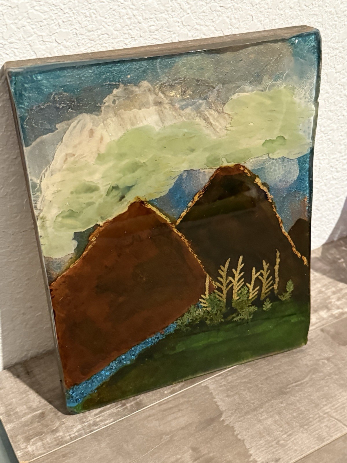 Mountain Scene Painting Resin Coated On Wood Base