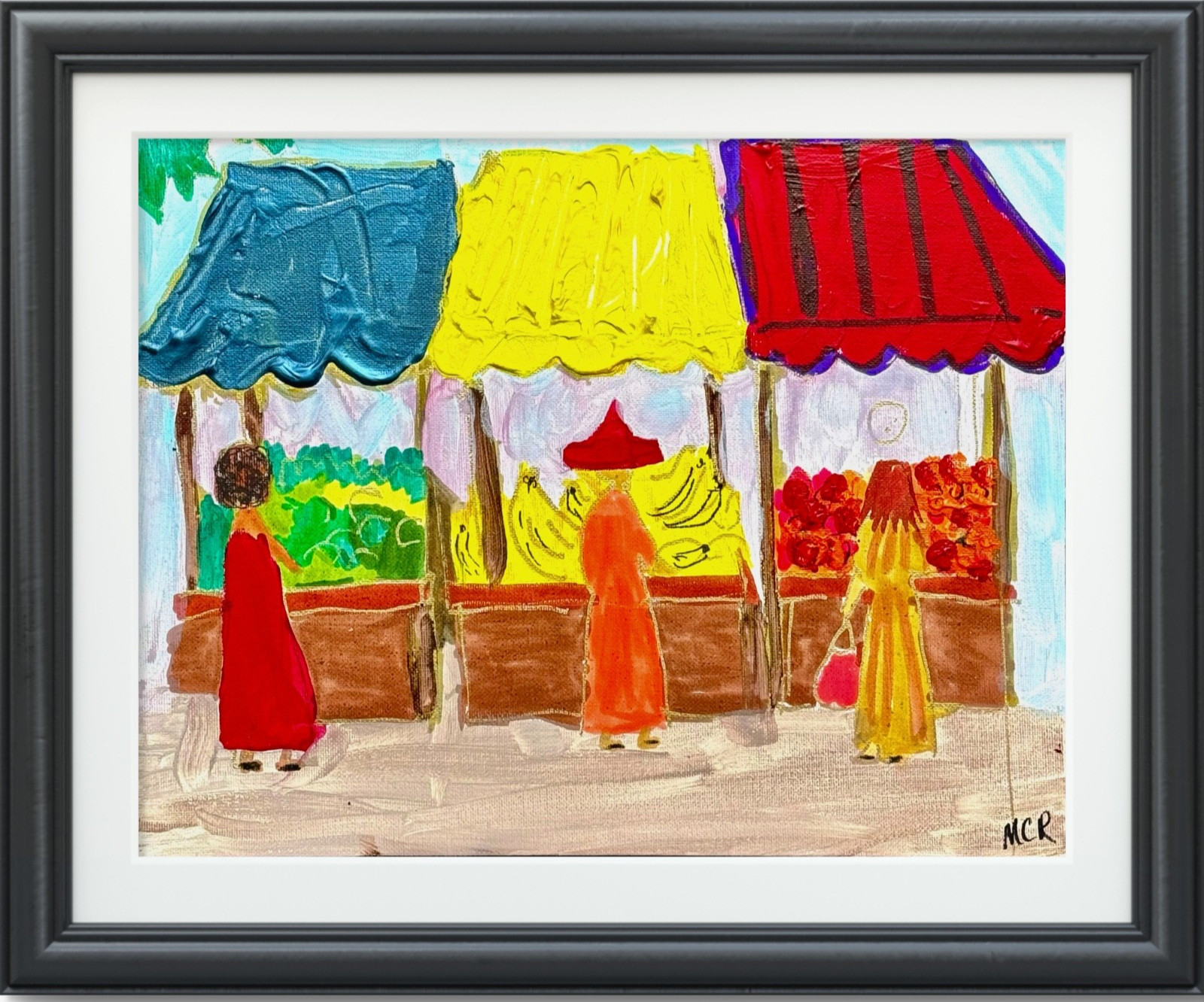 Hand Painted 11×14 Figurative Acrylic People at Fruit Stand Wall Art Multicolor