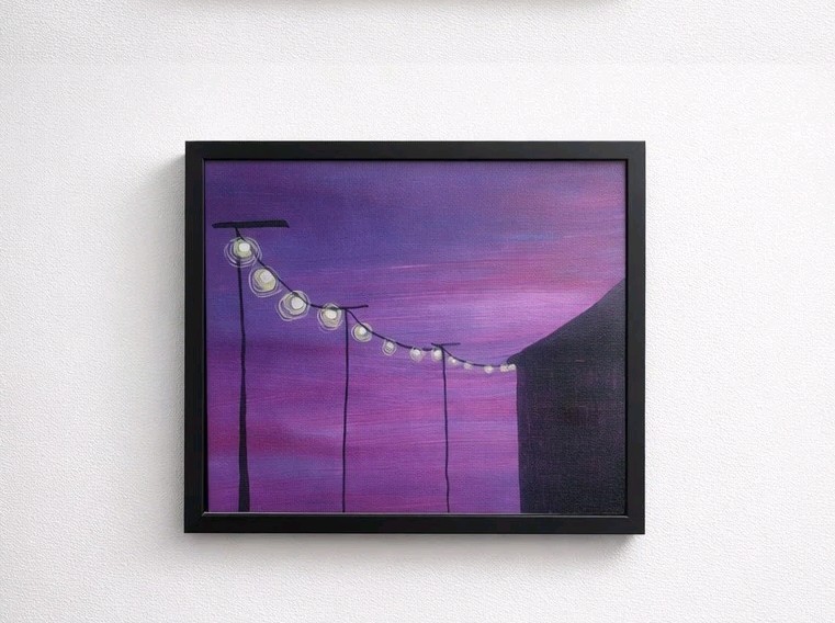 Purple Sunset String Lights Nocturn 11×14 Original Acrylic Painting Nite Sky Art