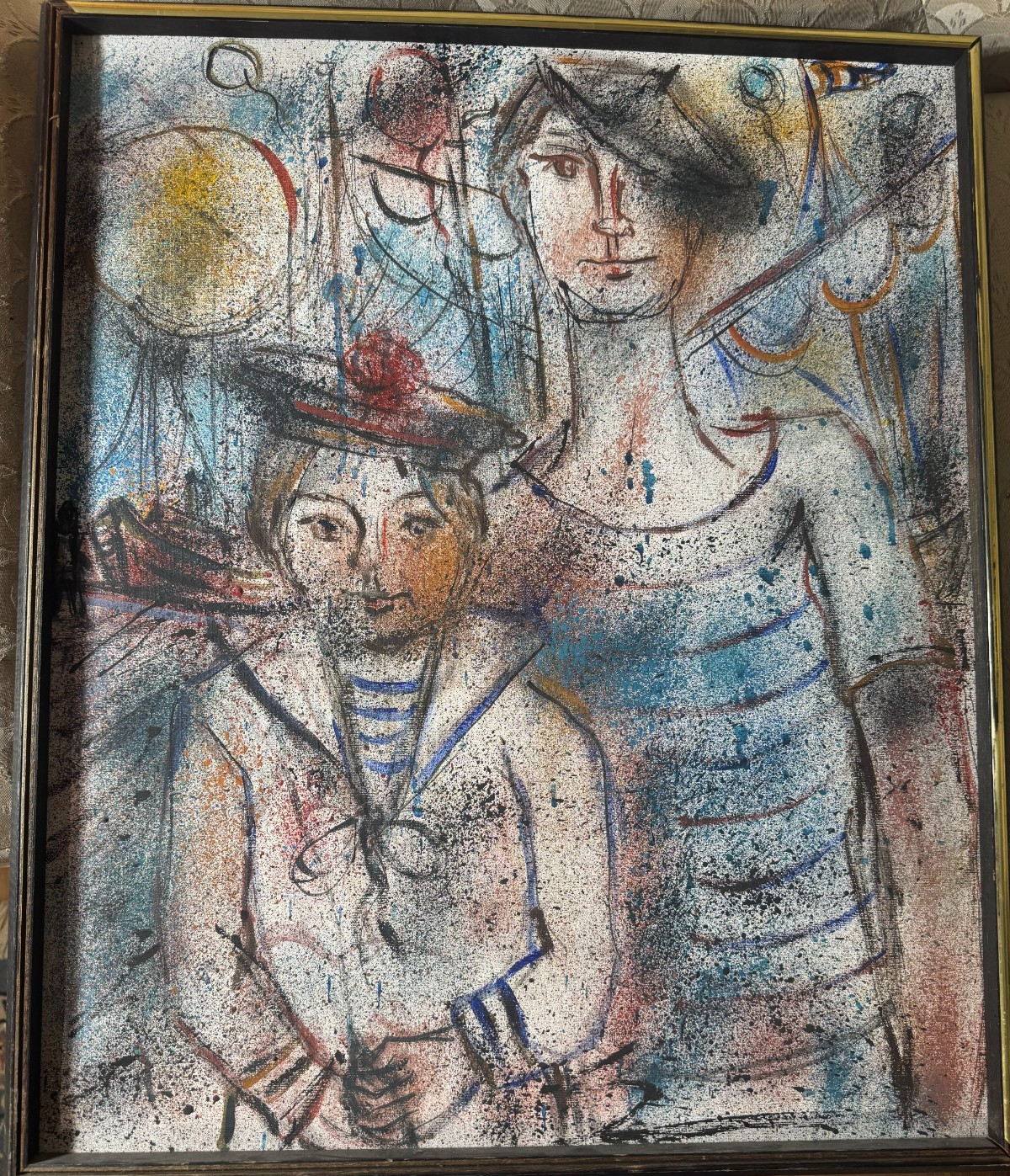 Vintage Modernist Figural Acrylic On Canvas Mother Child Portrait Framed 25.5”