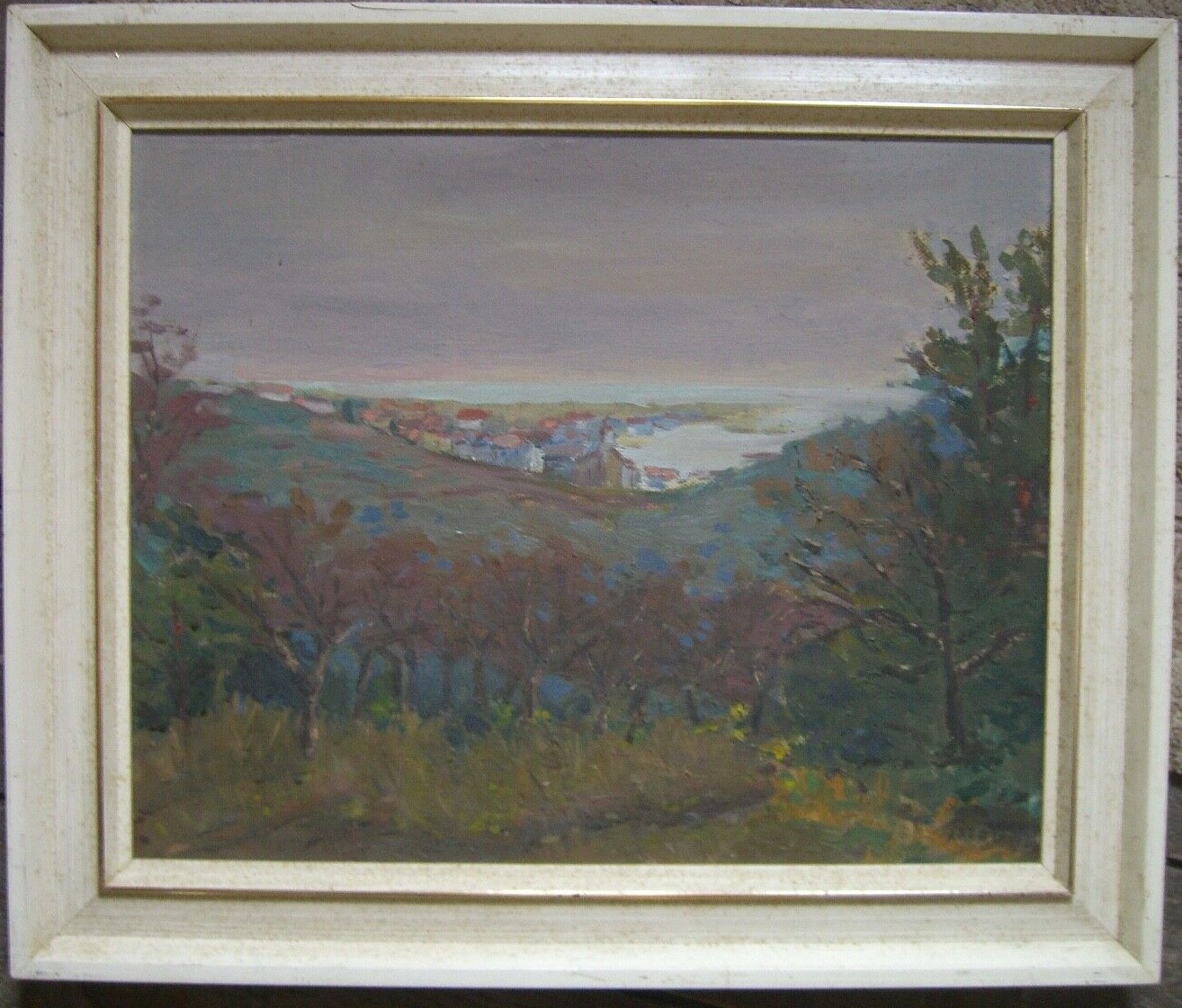 Oil Painting Church By The Sea Bay At Dusk Antique Signed Brown!